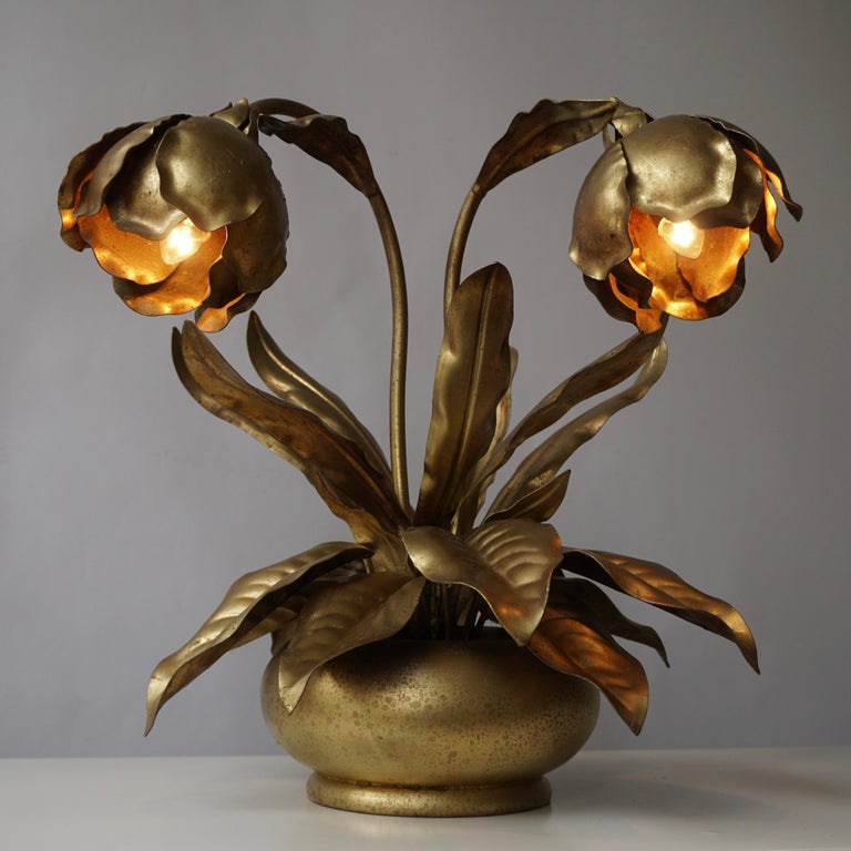 Rare Vintage Rose Flower Table Lamp in Brass and Wood at 1stDibs