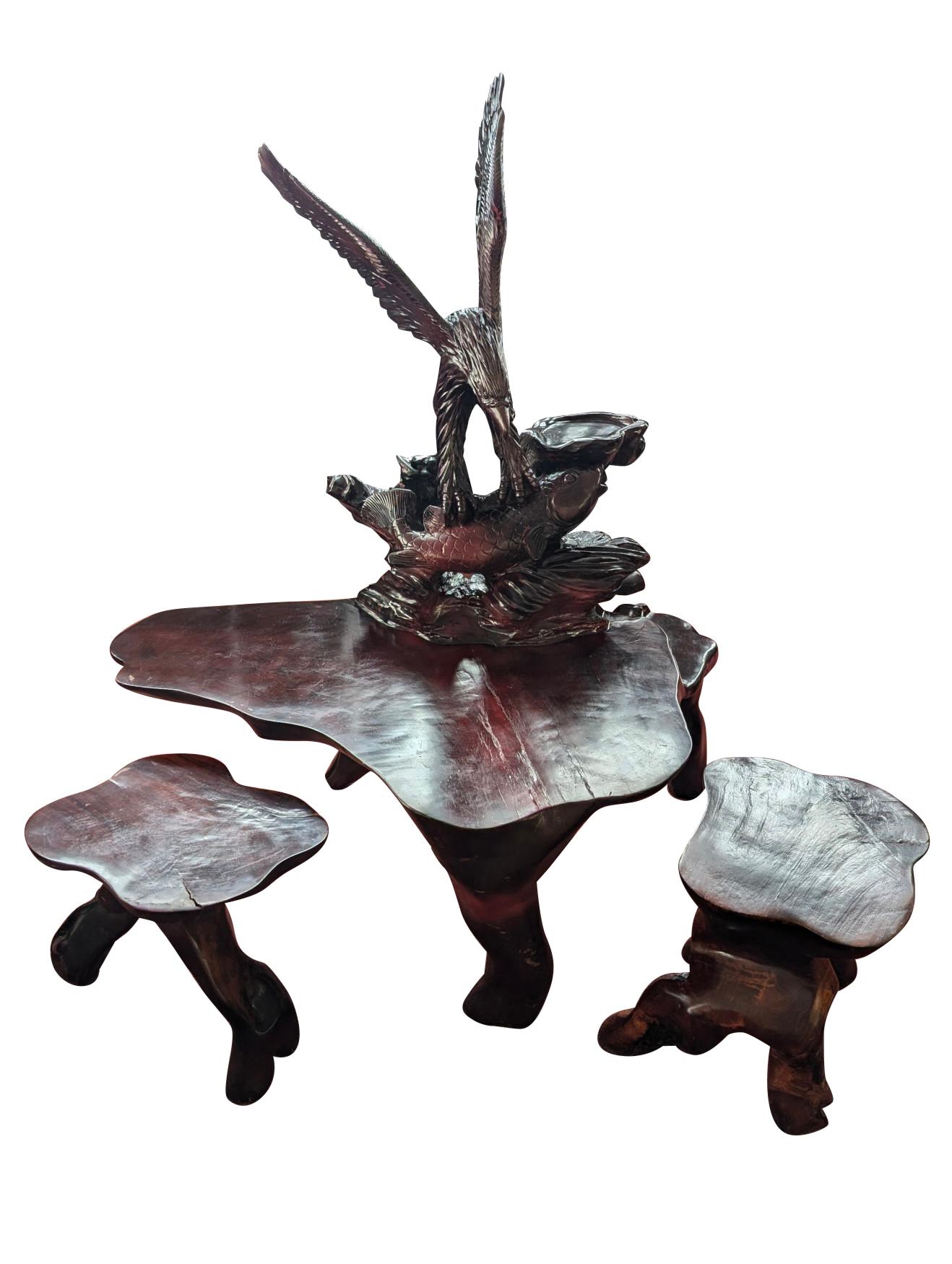 Nord-américain Ensemble de table à thé 3 pièces vintage rare, aigle, poisson koï en vente