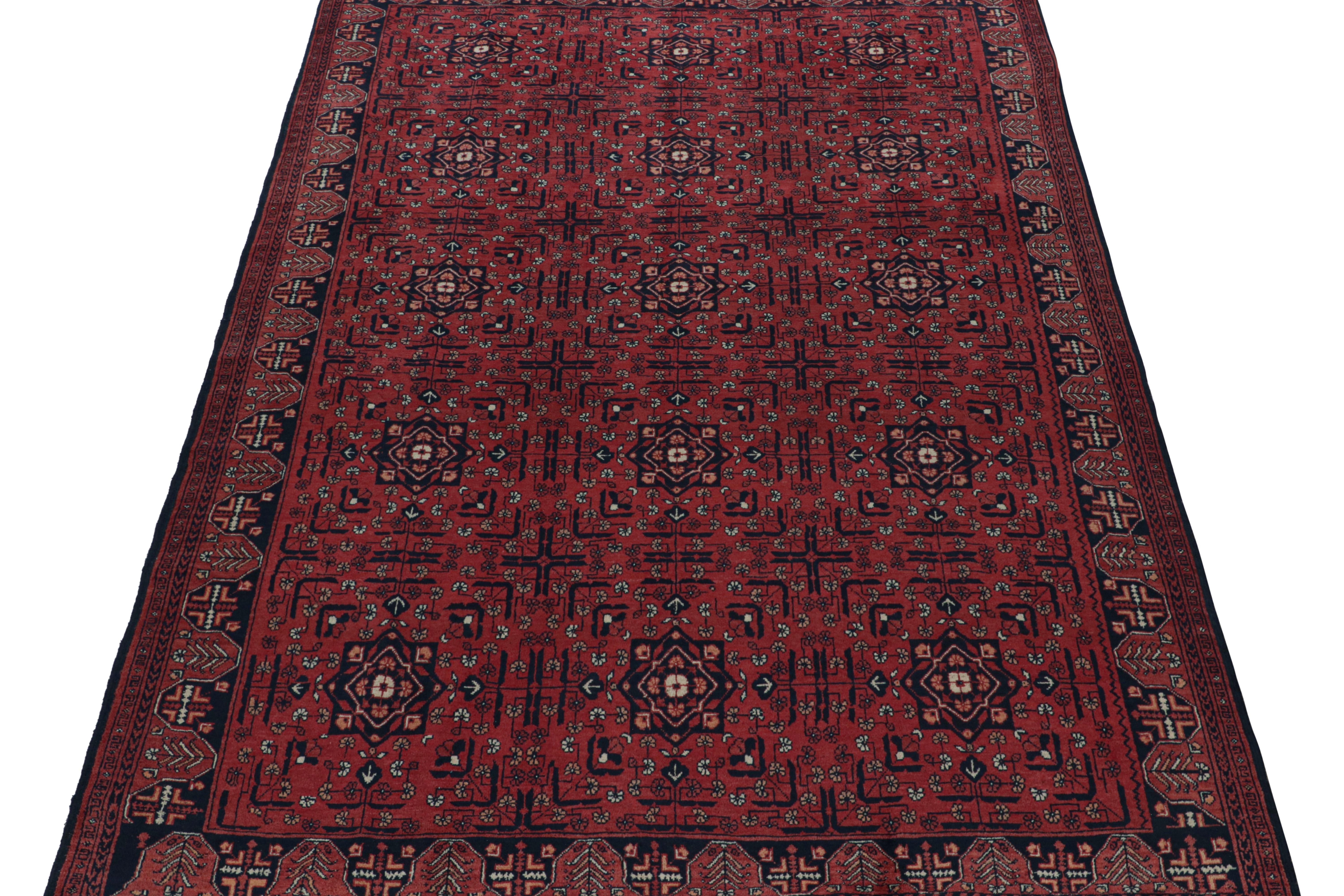 Hand-Knotted Rug & Kilim’s Afghan Baluch Tribal Rug in Burgundy and Blue Geometric Patterns For Sale