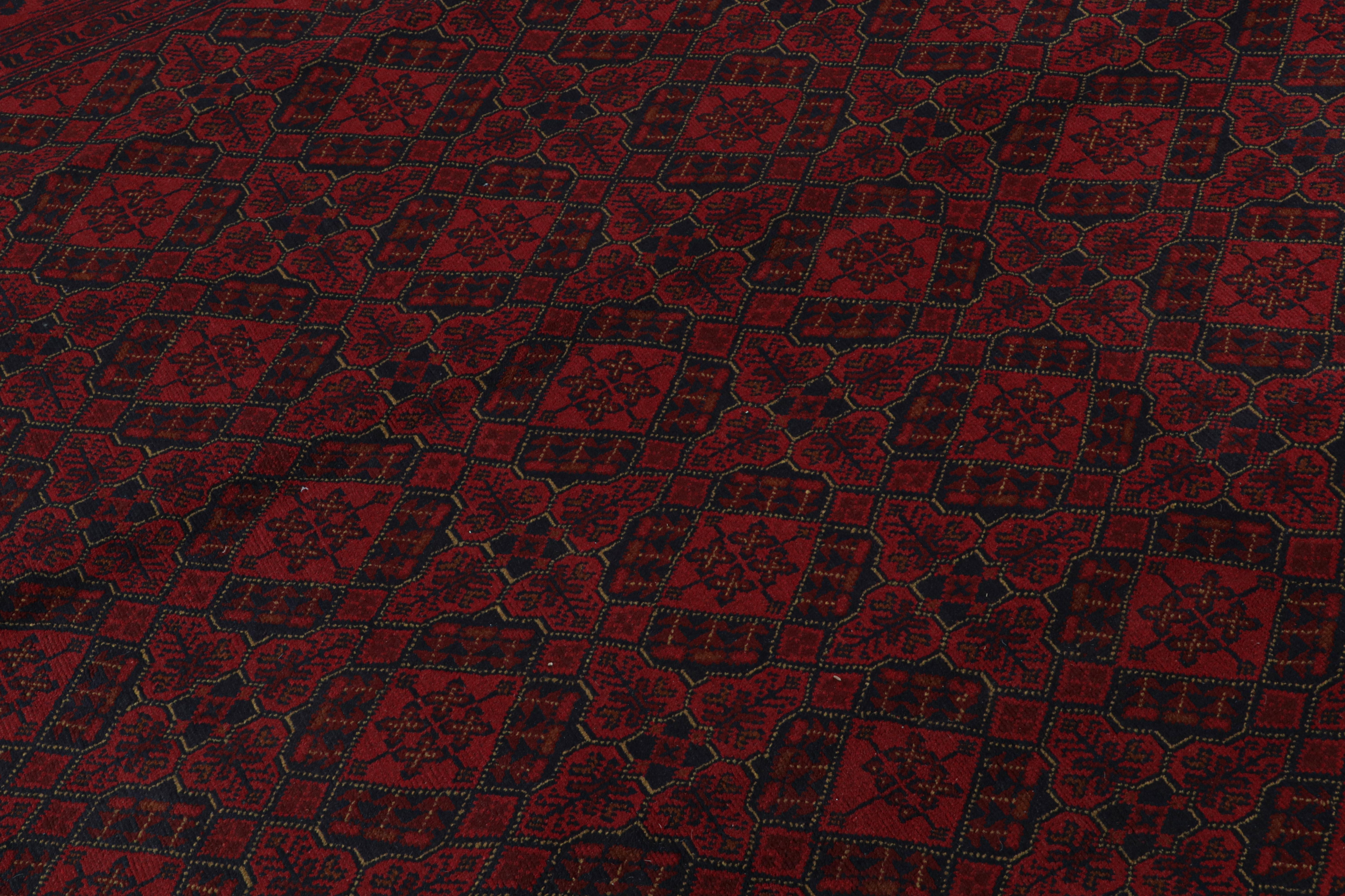 Wool Rug & Kilim’s Afghan Baluch Tribal Rug in Burgundy and Blue Geometric Patterns For Sale