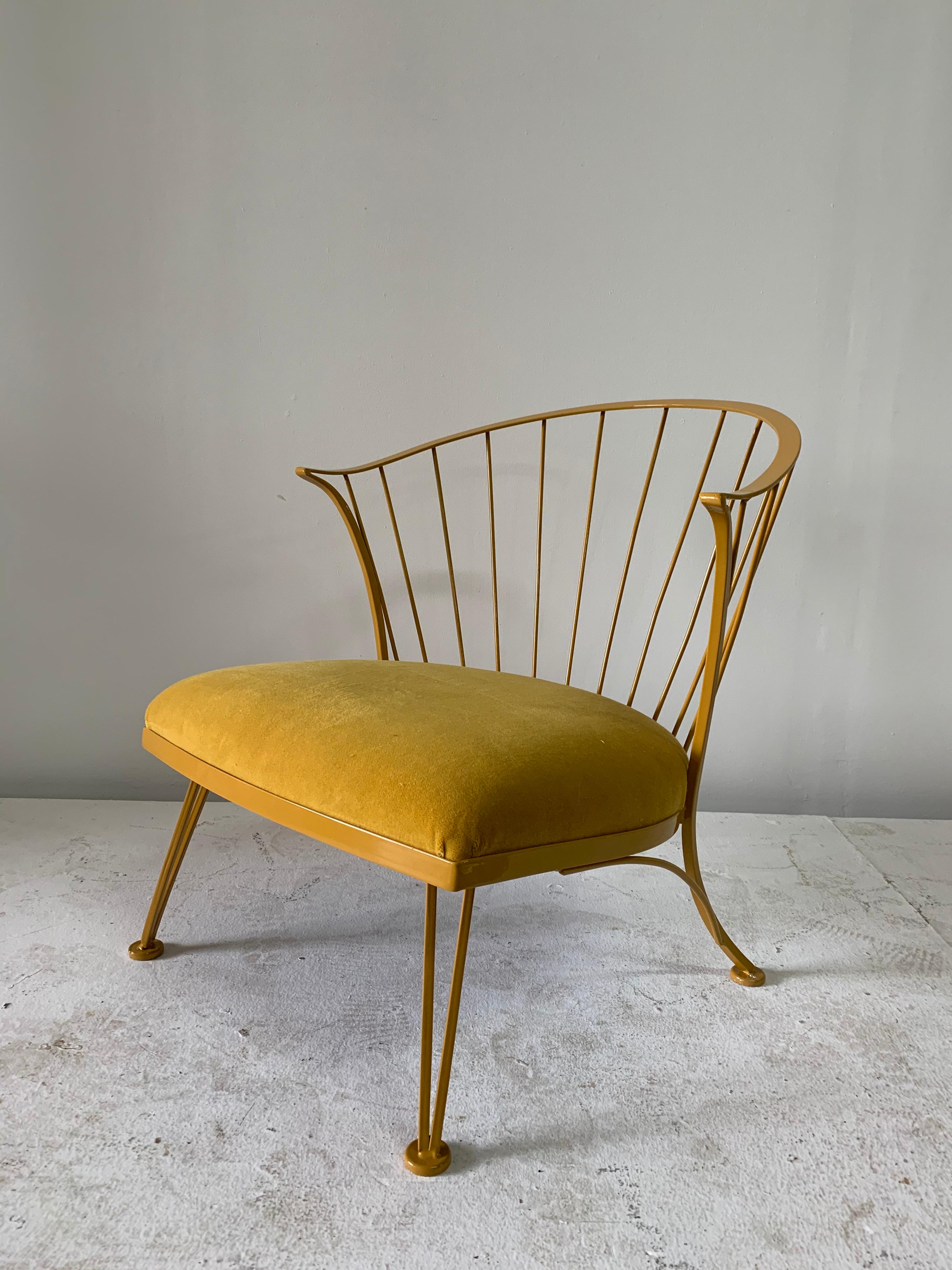 Rare vintage Russell Woodard custom powder-coated single armchair. This newly powder-coated iron Woodard chair in “Cat yellow” and finely upholstered in matching cotton/mohair fabric. This has been upholstered for interior use. Pinecrest pattern.