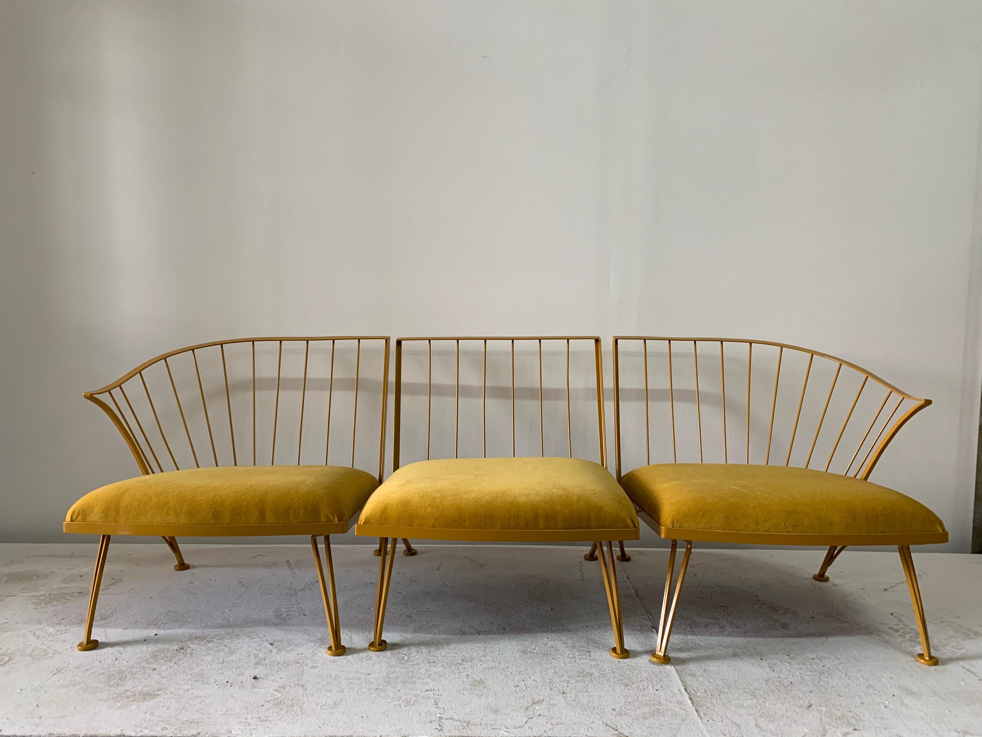 Made from three sections this newly powder coated iron Woodard set “Cat yellow” and finely upholstered in matching cotton/mohair fabric. This has been upholstered for interior use. Pinecrest pattern can be placed into several formations (as a