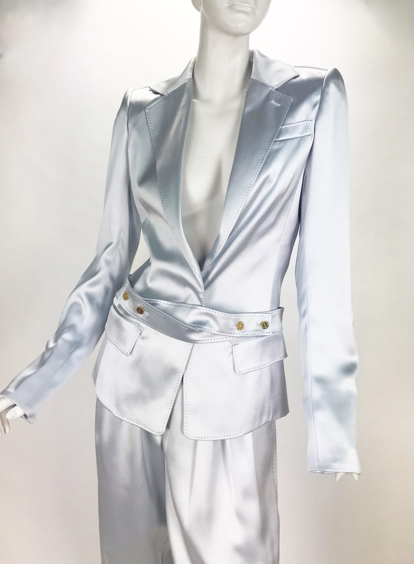 YVES SAINT LAURENT 

Silk Pant Suit

Designed by Tom Ford for Yves Saint Laurent S/S 2004 ready-to-wear collection.

Look # 1
Incredibly Rare!
Size FR 36 - US 4 

Made in France

The jacket is finished with belt. 
Pants are embellished with multiple