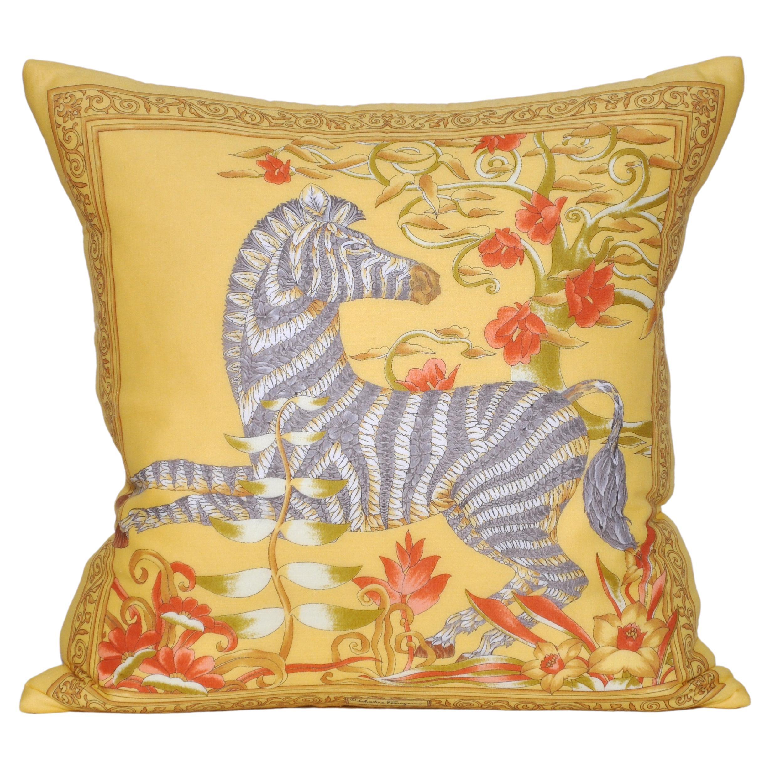 Rare Vintage Salvatore Ferragamo Yellow Gold Scarf Cushion in Linen Pillow For Sale