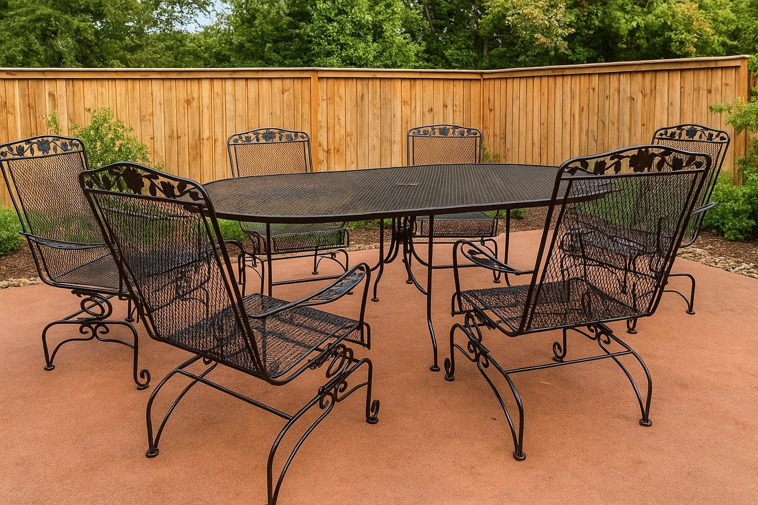 Rare Vintage Wrought Iron Patio Set – Scroll Footed Chairs with Intricate Floral & Leaf Finials and 66-Inch wrought iron Table
Add a touch of elegance to your outdoor space with this rare and stunning vintage wrought iron patio set.
Set