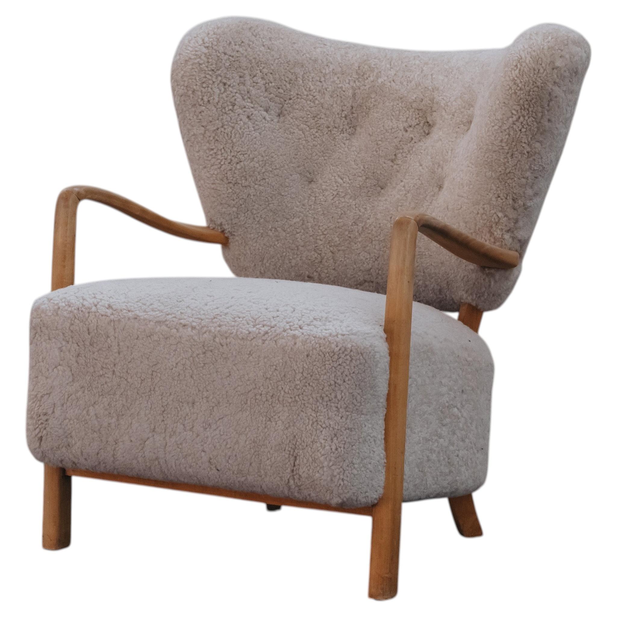Rare Vintage Shearling Cabinetmaker Lounge Chair From Denmark, Circa 1960