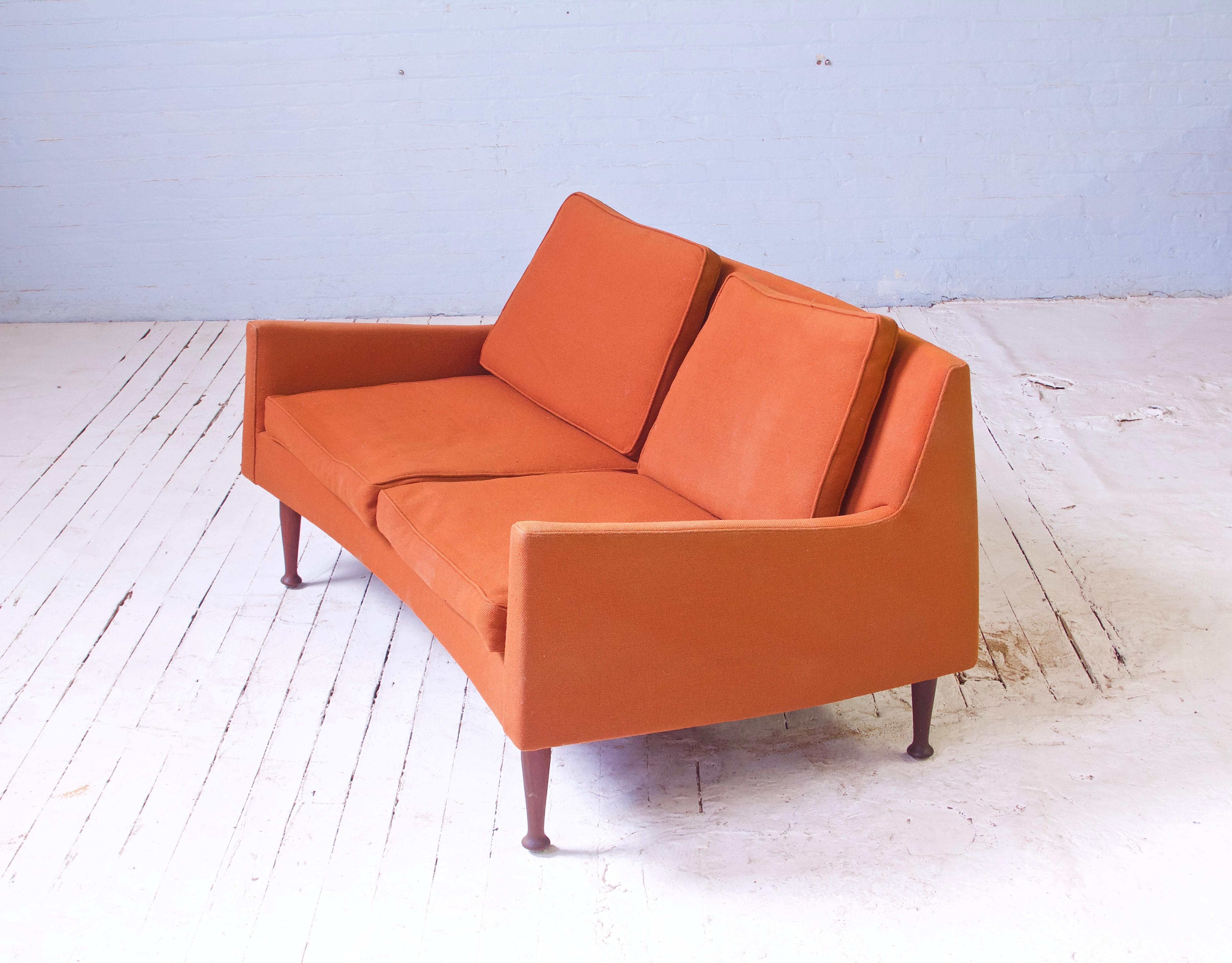 North American Rare Vintage Signed Jens Risom Settee in Walnut & Wool, 1950s