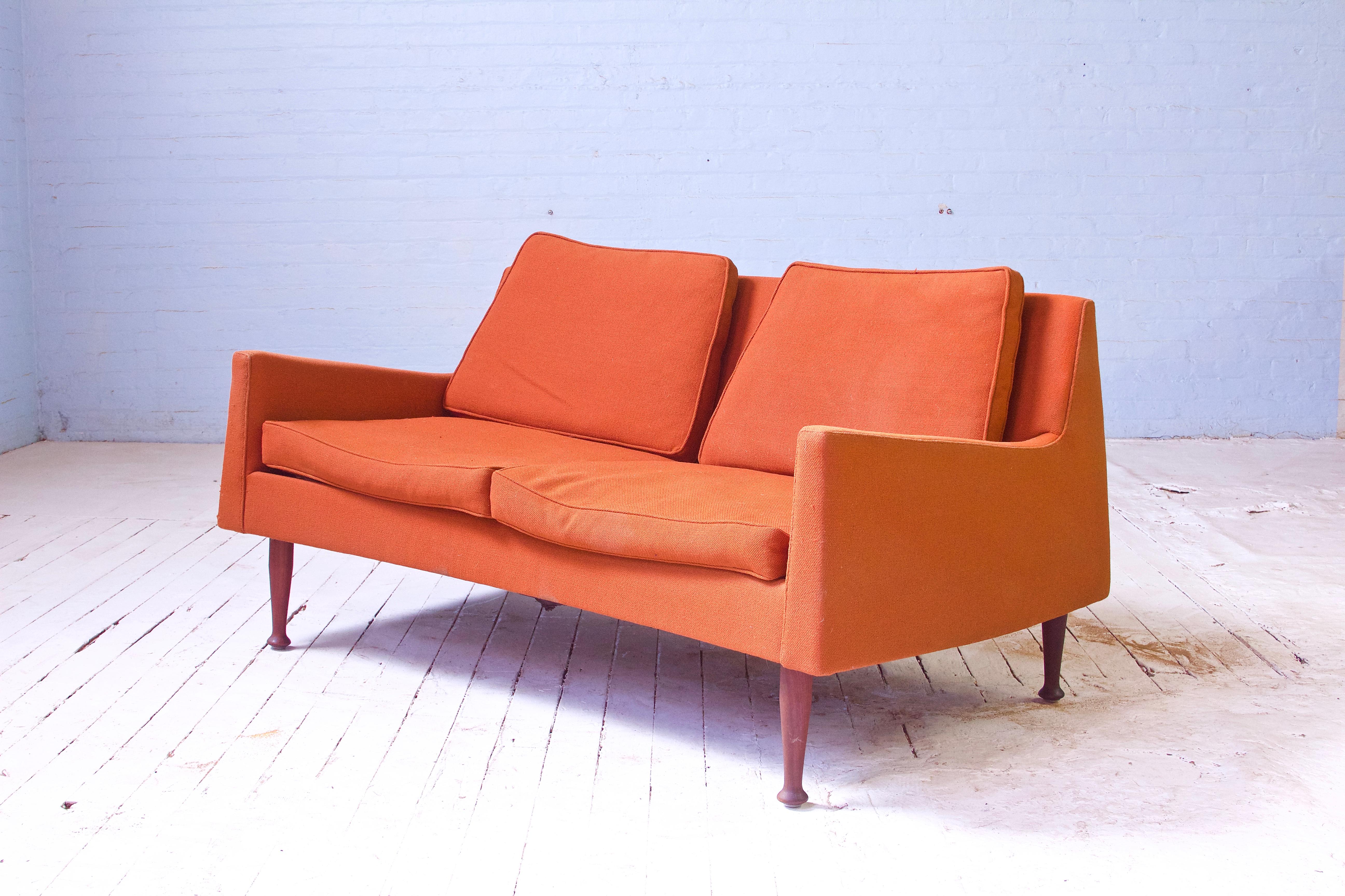 Rare Vintage Signed Jens Risom Settee in Walnut & Wool, 1950s In Good Condition In Brooklyn, NY