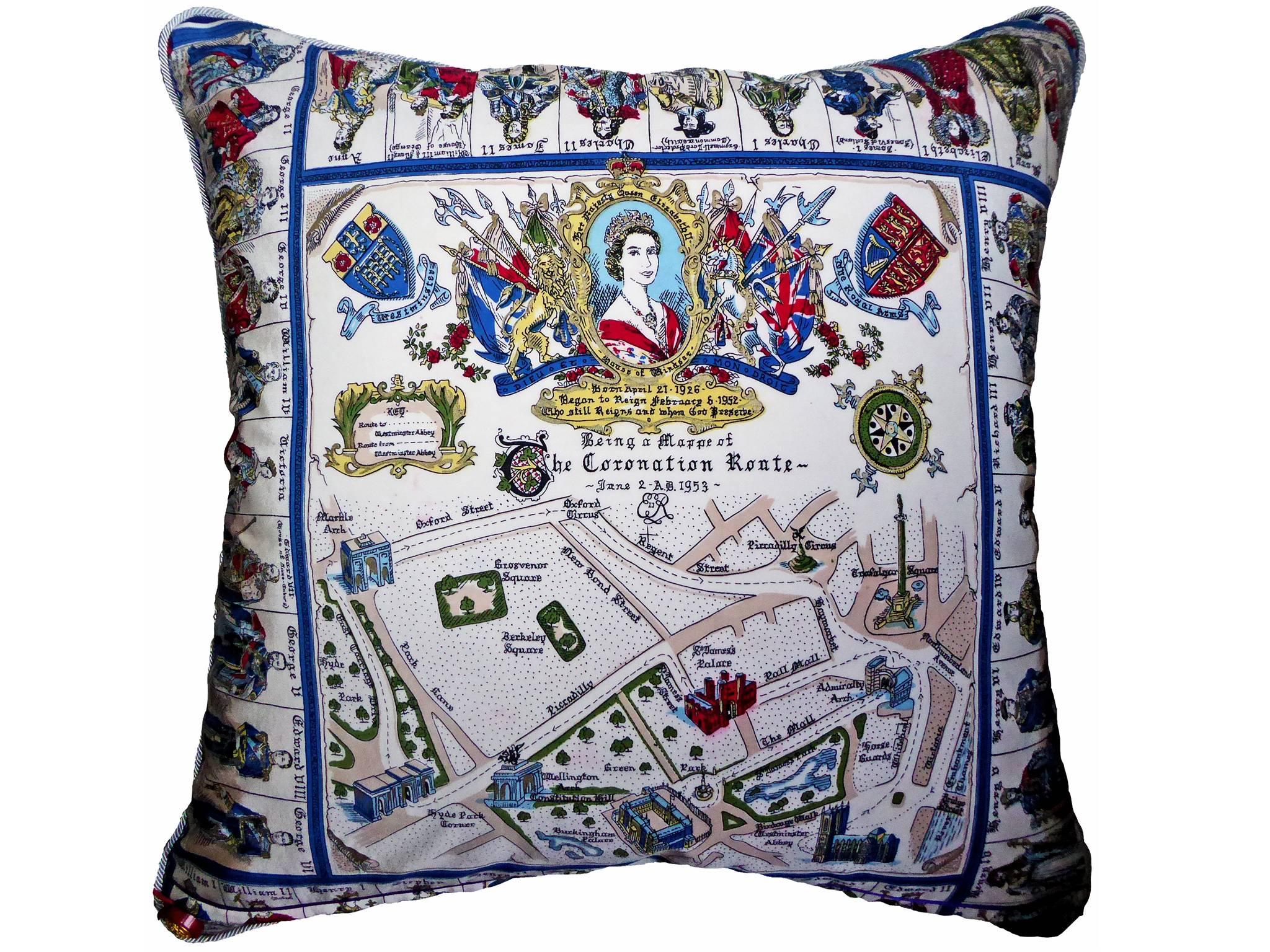 2nd June 1953
Circa - 1950
British made luxury cushion created using original vintage silks. The front side is a very rare Jacqmar silk designed to commemorate the Coronation of Queen Elizabeth in June 1953 and is wonderfully complimented on the