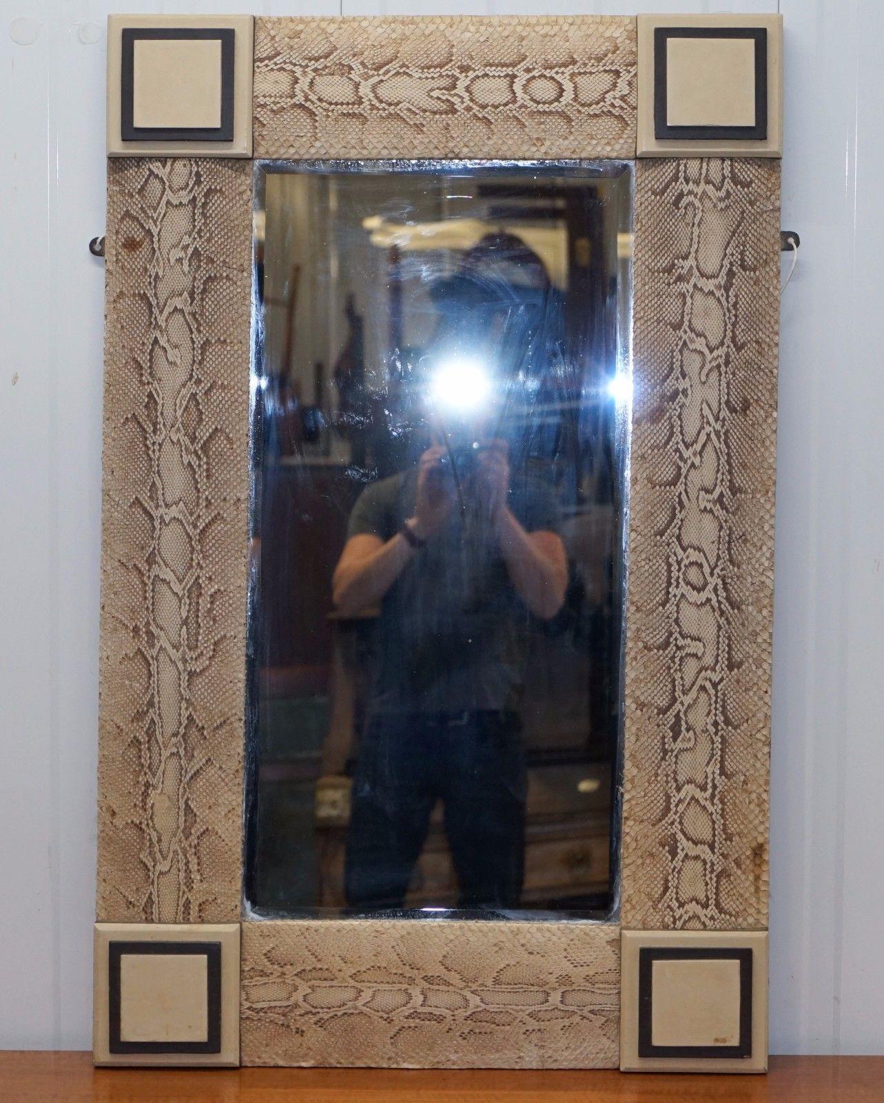 Rare Vintage Snakeskin Mirror Upholstered on Solid Wood Antique Timber Frame For Sale 1