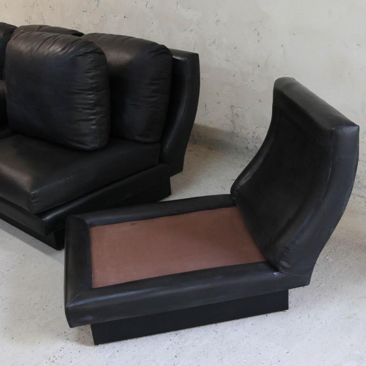 Italian Rare Vintage Sofa in Black Leather and Laminated Signed Willy Rizzo