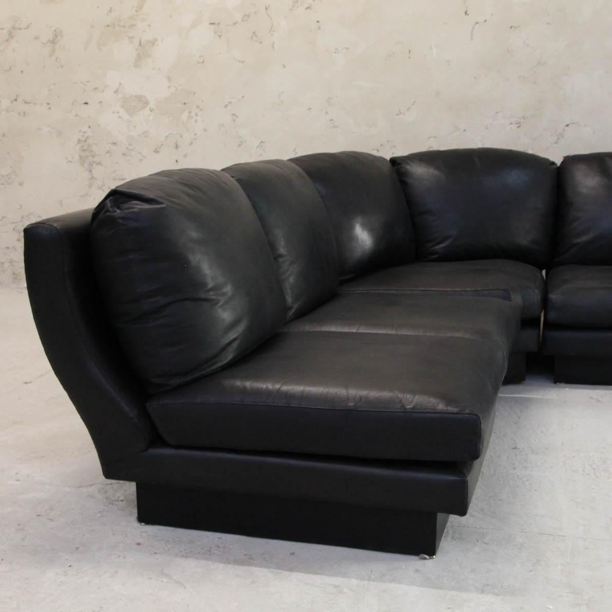 Rare Vintage Sofa in Black Leather and Laminated Signed Willy Rizzo 1