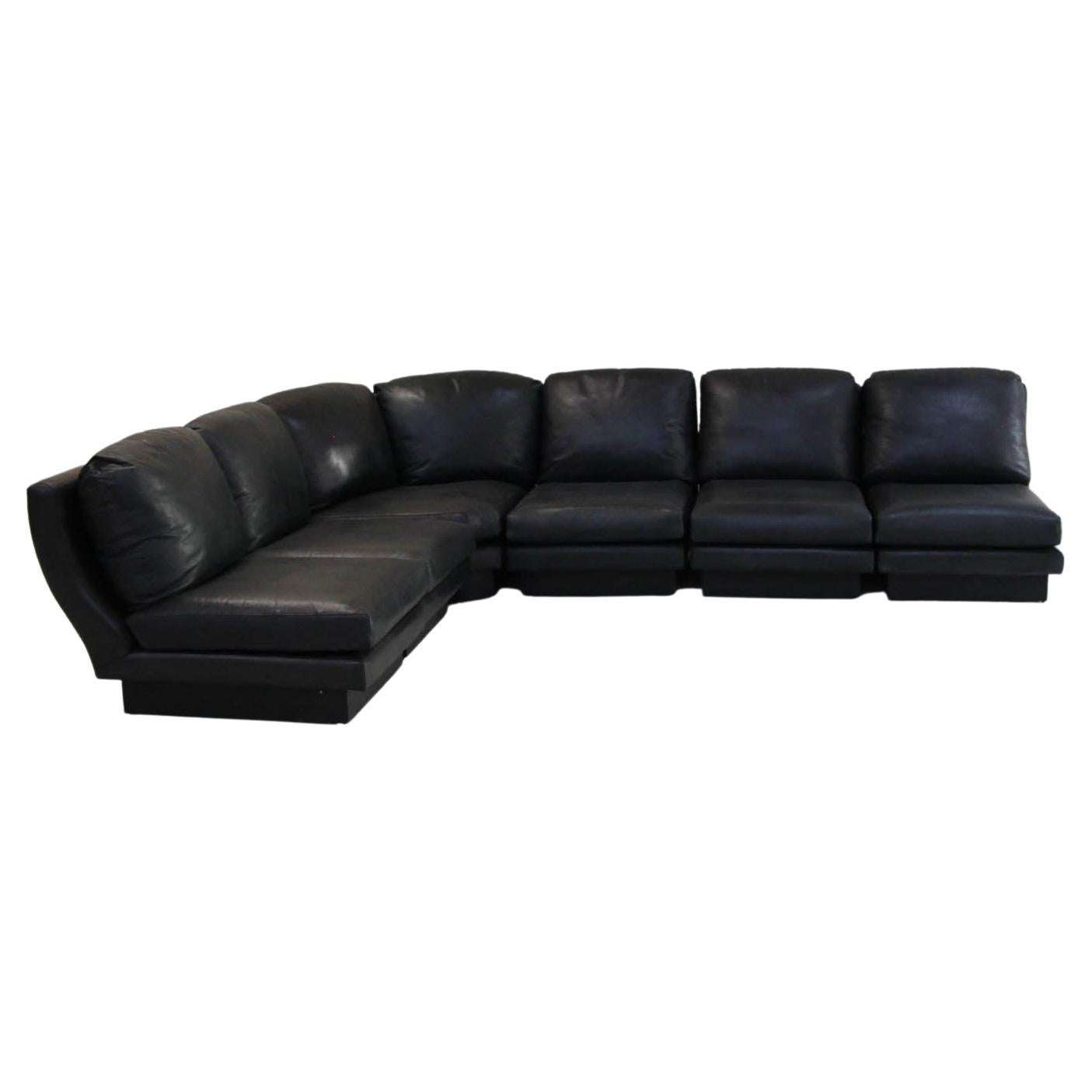 Rare Vintage Sofa in Black Leather and Laminated Signed Willy Rizzo