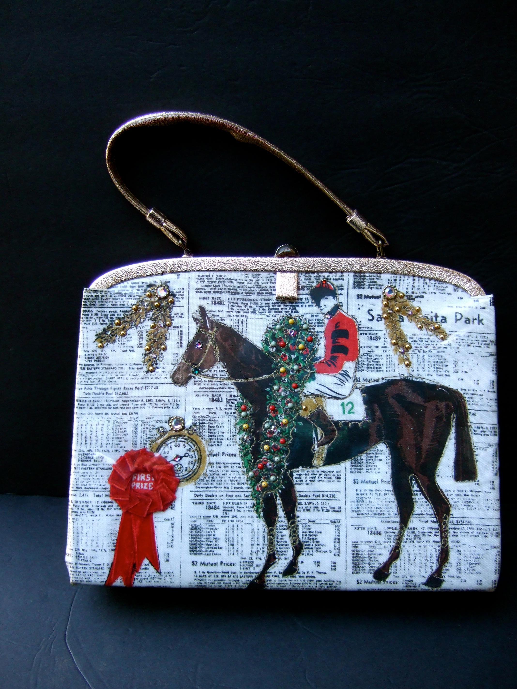 Rare Vintage Soure' New York Vinyl & Cloth Race Horse Themed Handbag c 1950 2