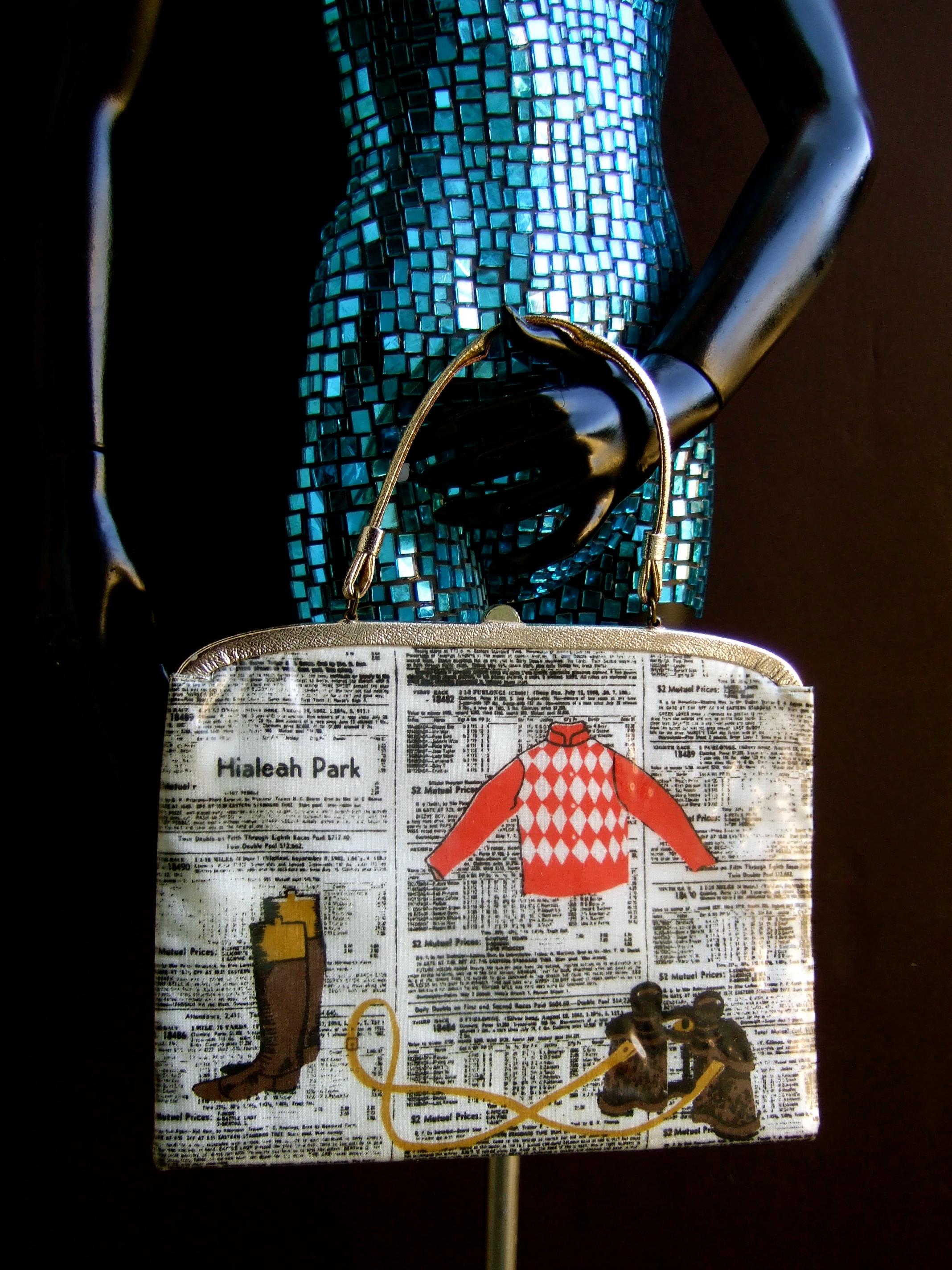 Rare Vintage Soure' New York Vinyl & Cloth Race Horse Themed Handbag c 1950 9