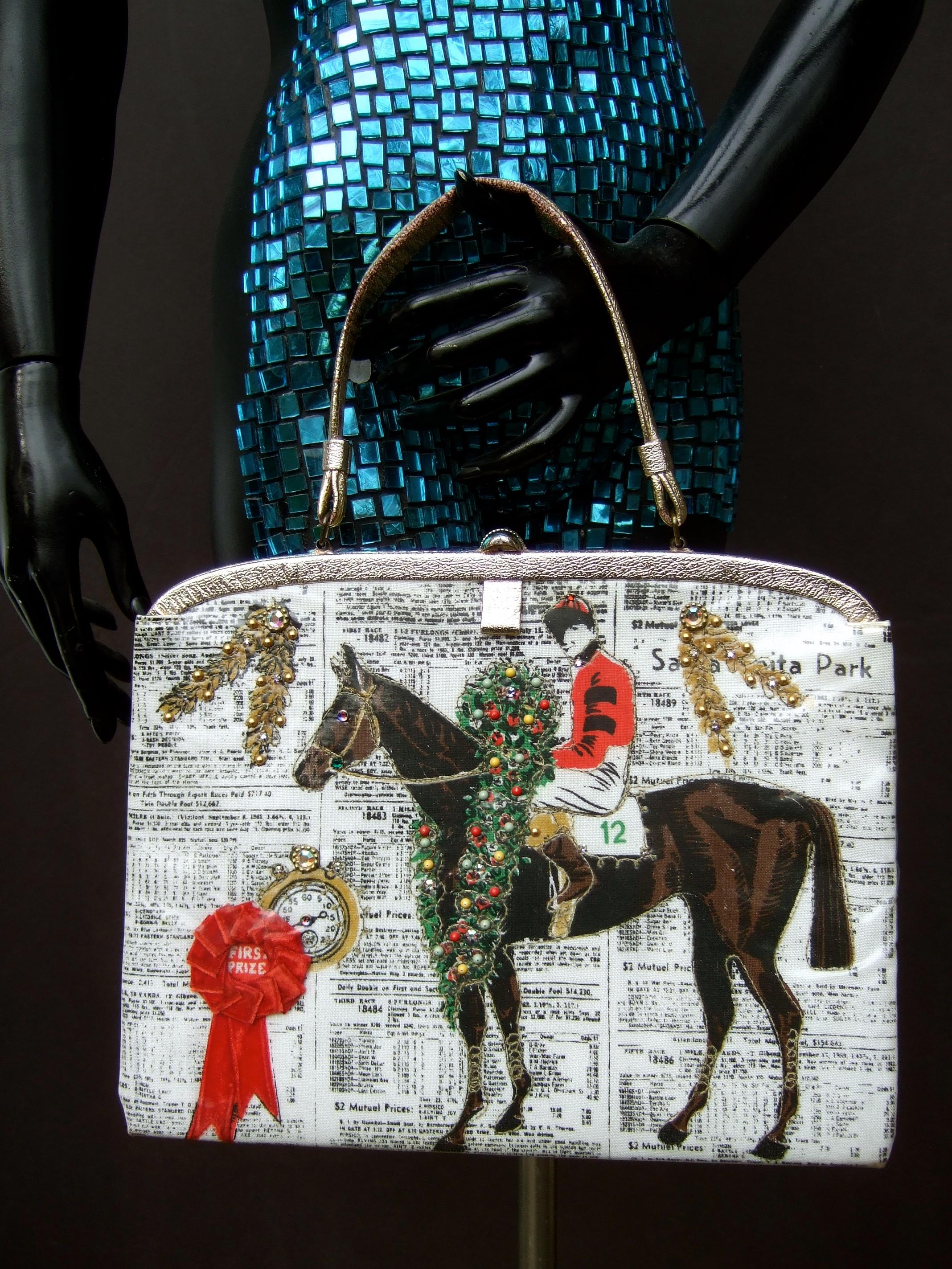 Rare vintage Soure' New York vinyl & cloth race horse themed handbag c 1950s
The unique collectible mid-century handbag is covered with vinyl on the exterior
Graphic cloth print race horse designs are encased underneath the vinyl covering

The front