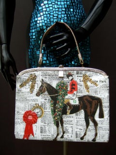 Soure - Sac à main vintage rare en vinyle et tissu sur le thème des chevaux de course, New York, circa 1950