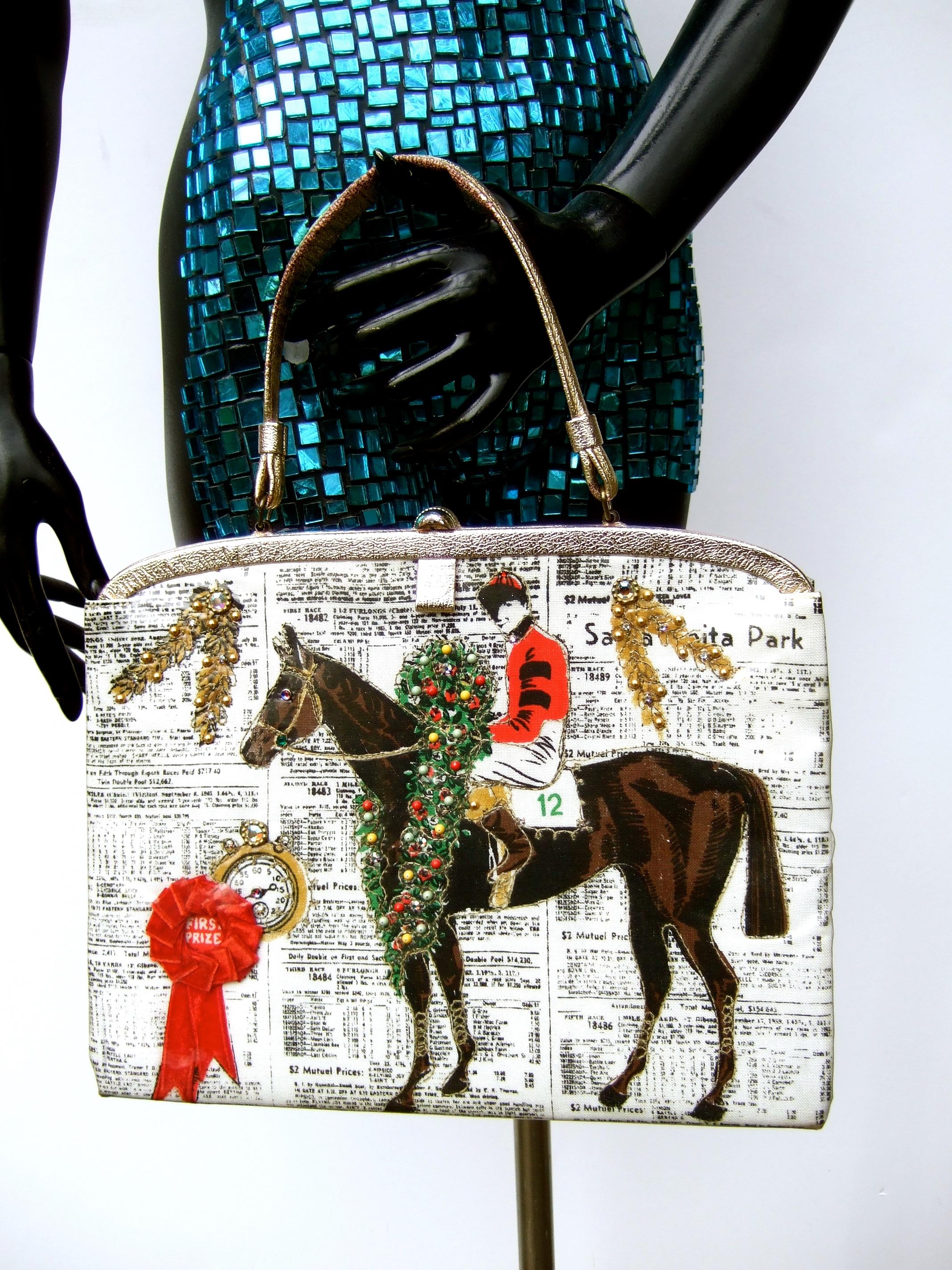 Blue Rare Vintage Soure' New York Vinyl & Cloth Race Horse Themed Handbag c 1950