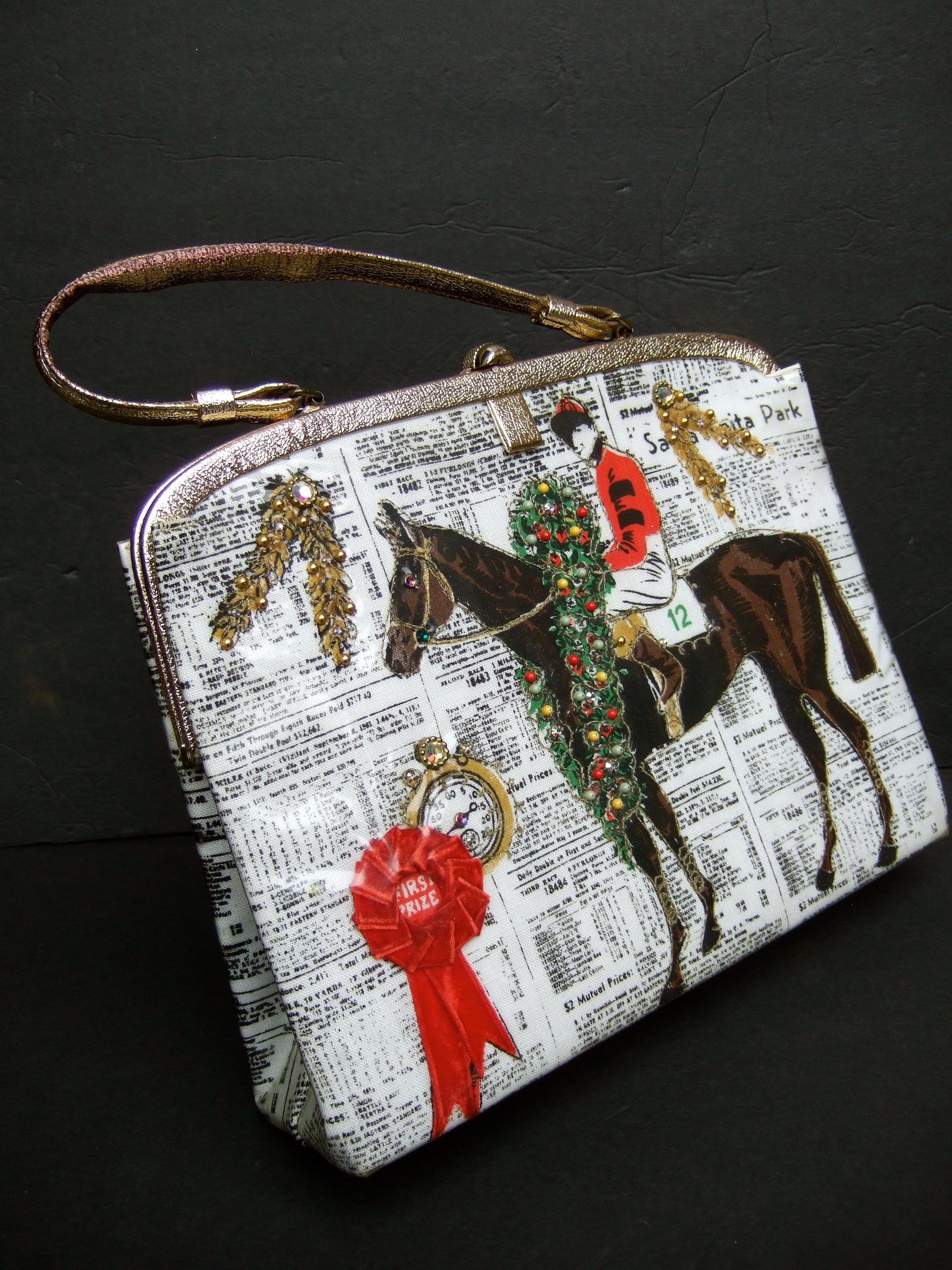 Rare Vintage Soure' New York Vinyl & Cloth Race Horse Themed Handbag c 1950 In Fair Condition In University City, MO