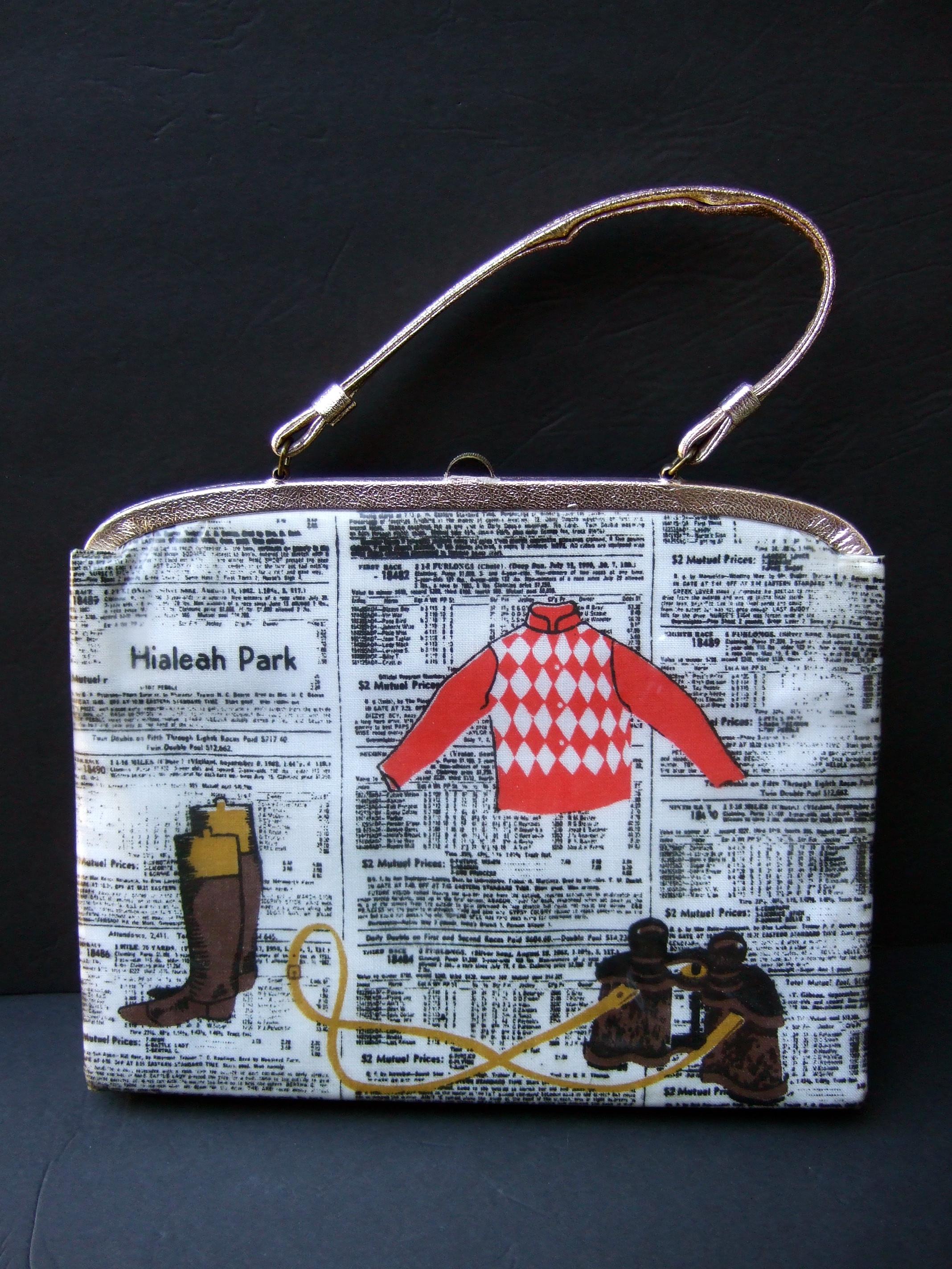 Rare Vintage Soure' New York Vinyl & Cloth Race Horse Themed Handbag c 1950 1