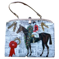 Rare Vintage Soure' New York Vinyl & Cloth Race Horse Themed Handbag c 1950