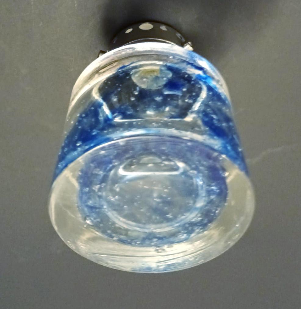 Vintage Italian spot light which can be used as a wall light or flush mount, with a single blue cylindrical Murano glass shade hand blown with bubbles inside the glass using bollicine technique, mounted on nickel frame / Made in Italy by Sciolari,