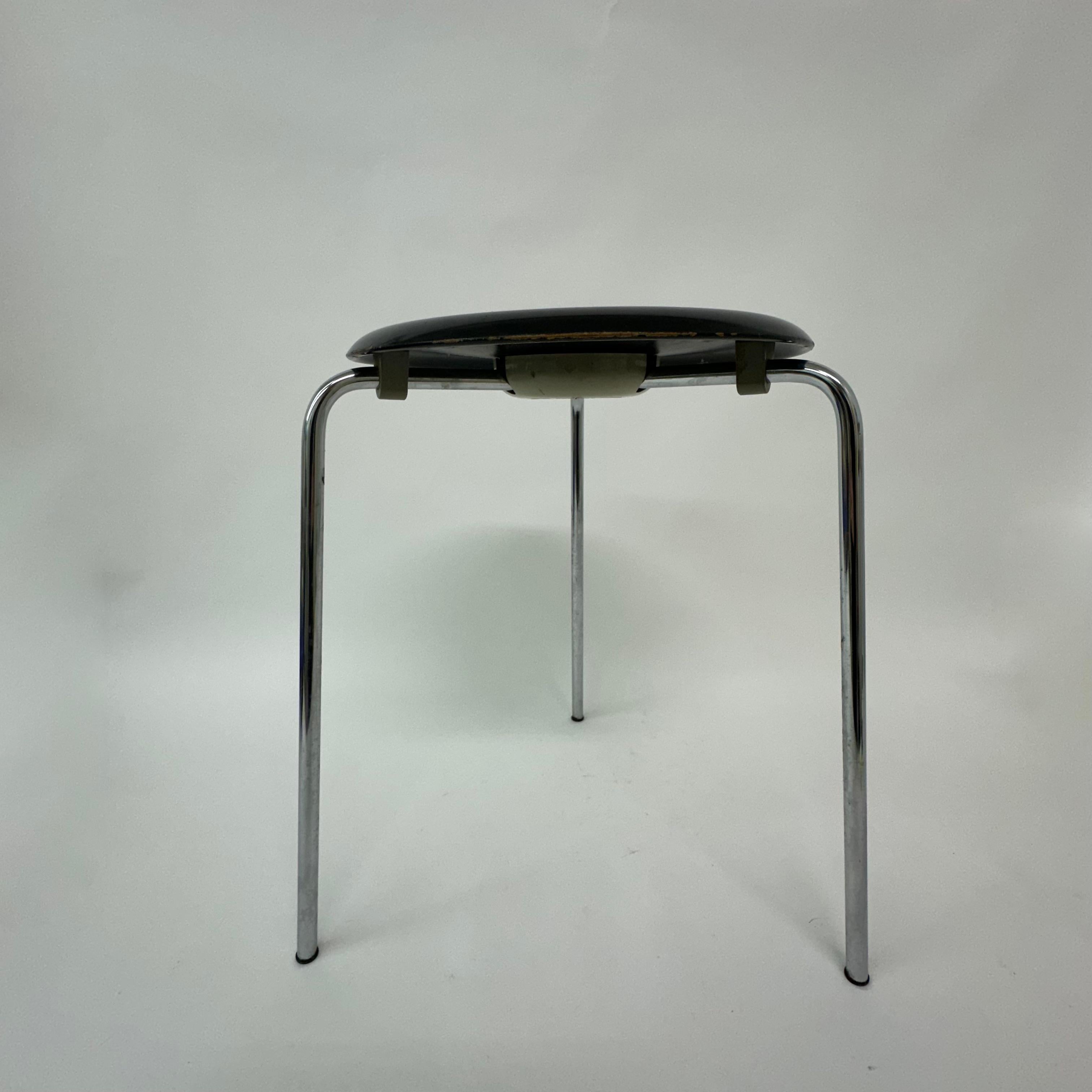 Rare vintage stool model 3170 by Arne Jacobsen for Fritz Hansen , 1970’s

Dimensions: 45cm Height, 35cm Width, 40cm Depth
Condition: Paint has some small chips and cracks from age and use.
Period: 1970’s
Material: Metal, Wood
Color: Black , silver