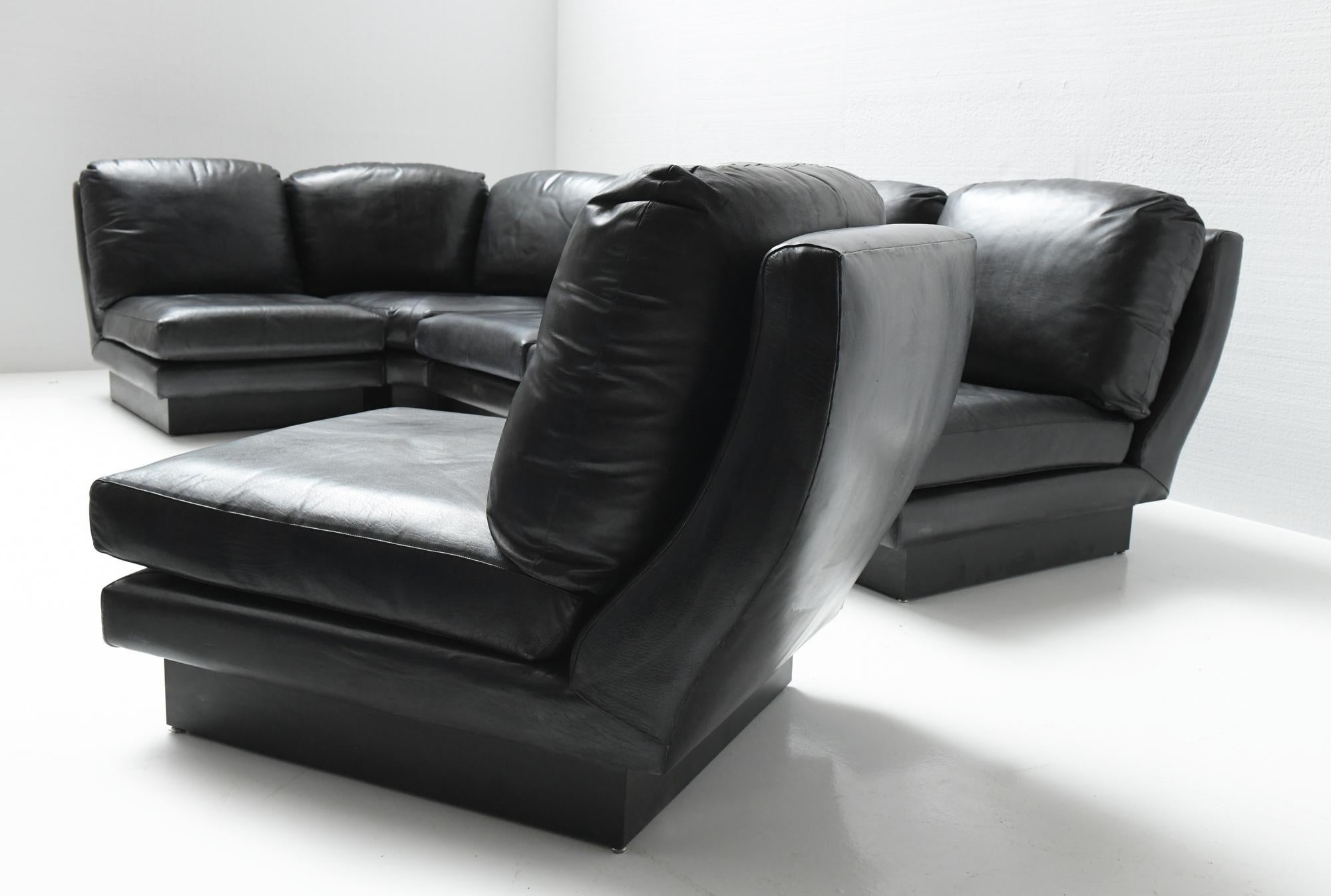 20th Century Rare Vintage Super C Modular Black Leather Sofa  by Willy Rizzo Italy For Sale