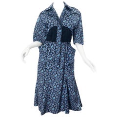 Vintage Thierry Mugler 1980er Jahre blau Paisley Western 80er Rockabilly Shirt Kleid