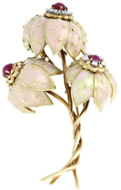 Rare Vintage Tiffany & Co. 18 Karat Gold, Diamond, Ruby and Enamel Brooch 43.7g