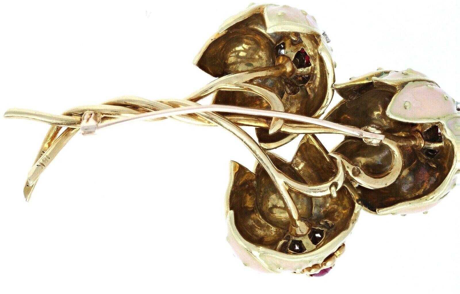 Rare Vintage Tiffany & Co. 18 Karat Gold, Diamond, Ruby and Enamel Brooch 43.7g In Fair Condition For Sale In Beverly Hills, CA