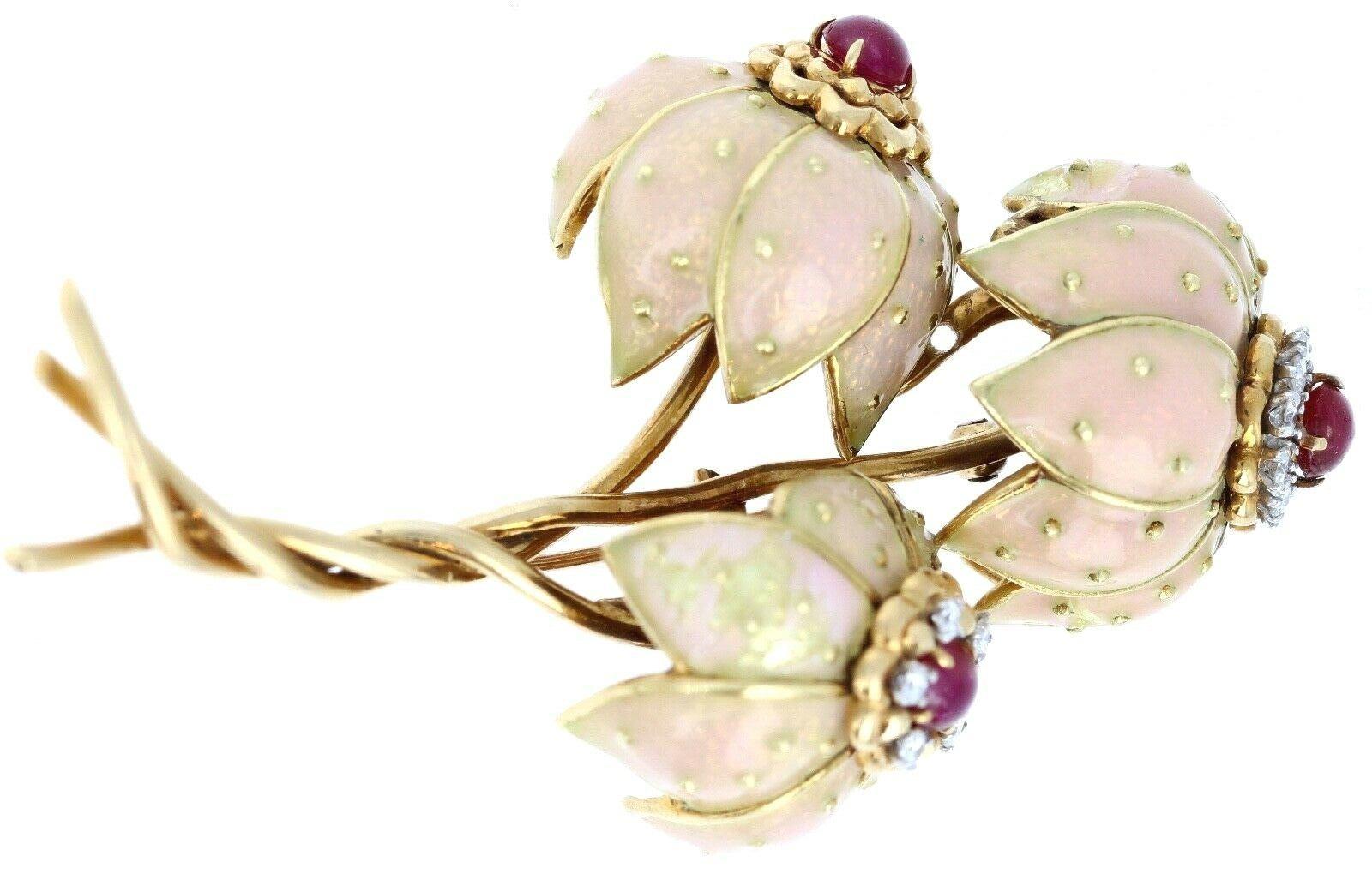 Women's Rare Vintage Tiffany & Co. 18 Karat Gold, Diamond, Ruby and Enamel Brooch 43.7g For Sale