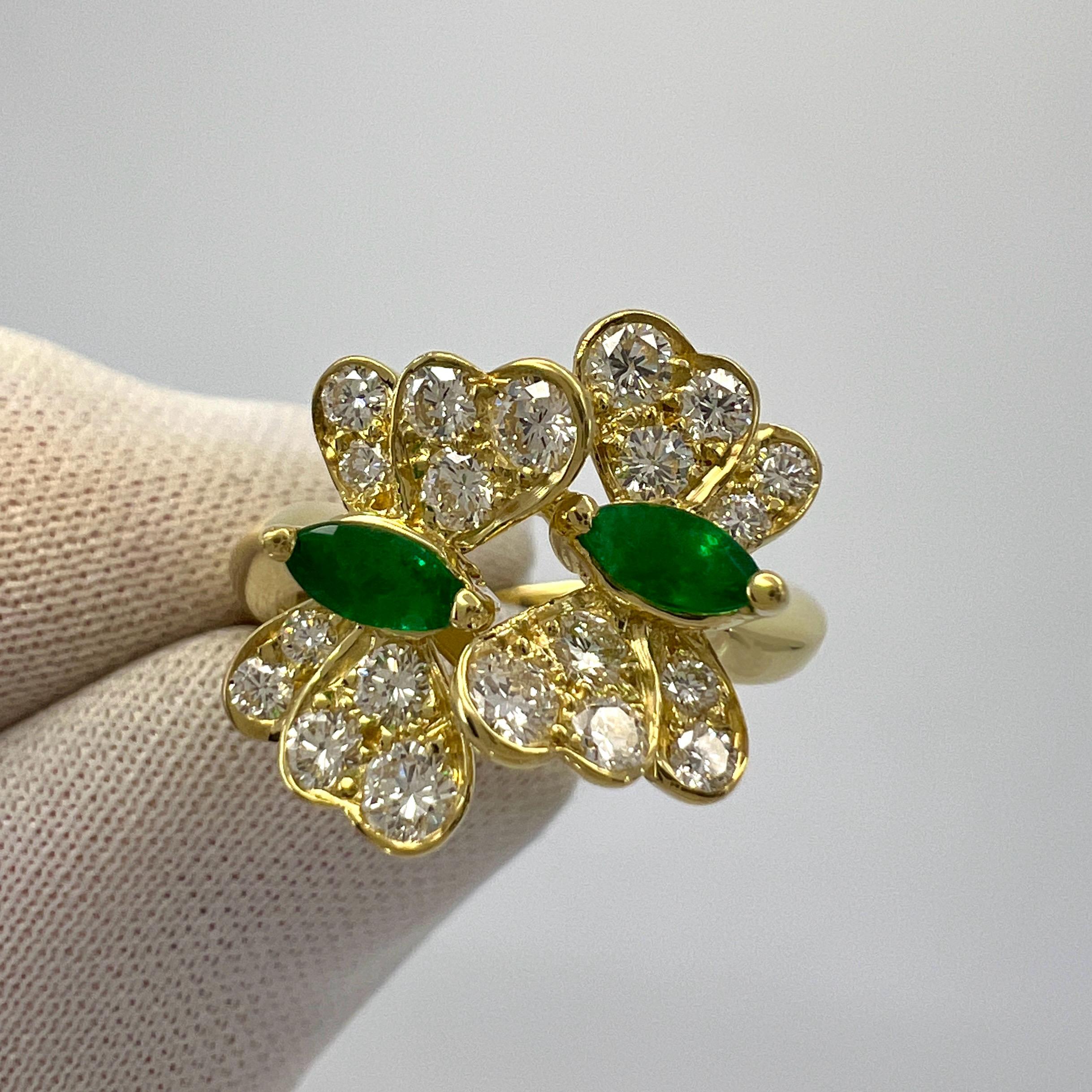 Seltener Vintage Tiffany & Co Smaragd & Diamant 1989 Schmetterling 18k Gelbgold Ring mit Smaragd und Diamant (Marquiseschliff)