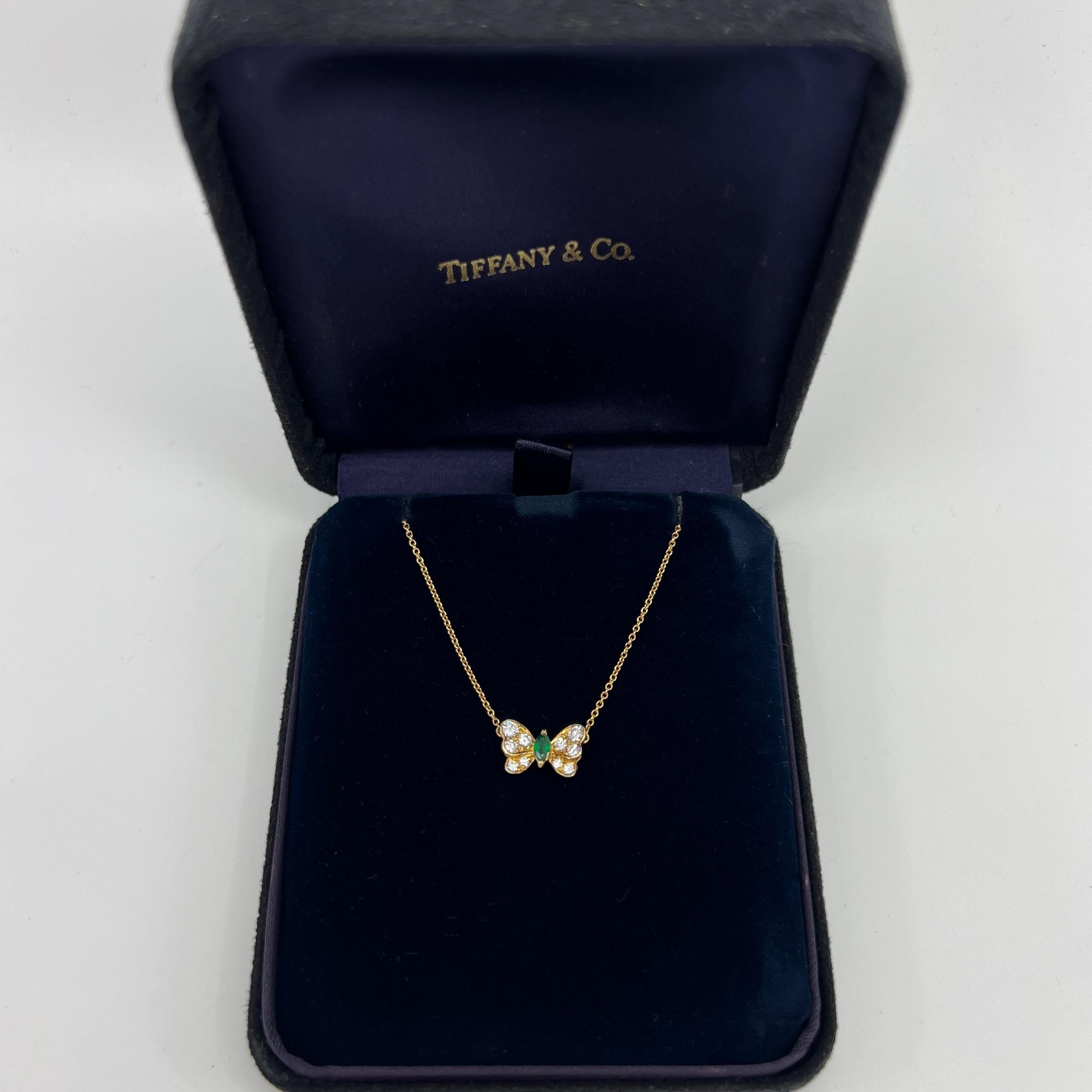 Seltene Vintage Tiffany & Co Halskette aus 18 Karat Gelbgold mit Smaragd und Diamant und Schmetterling 4