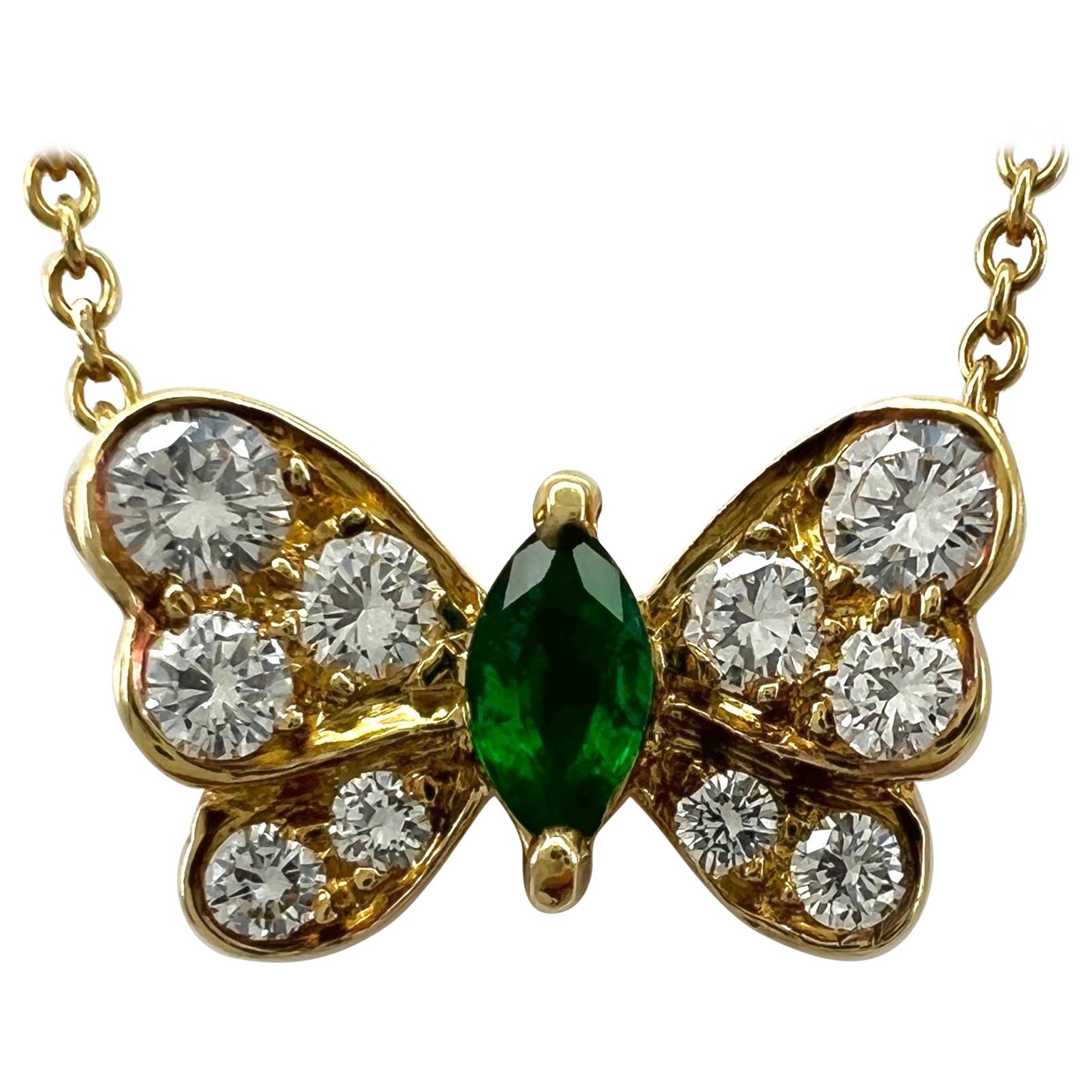 Seltene Vintage Tiffany & Co Halskette aus 18 Karat Gelbgold mit Smaragd und Diamant und Schmetterling