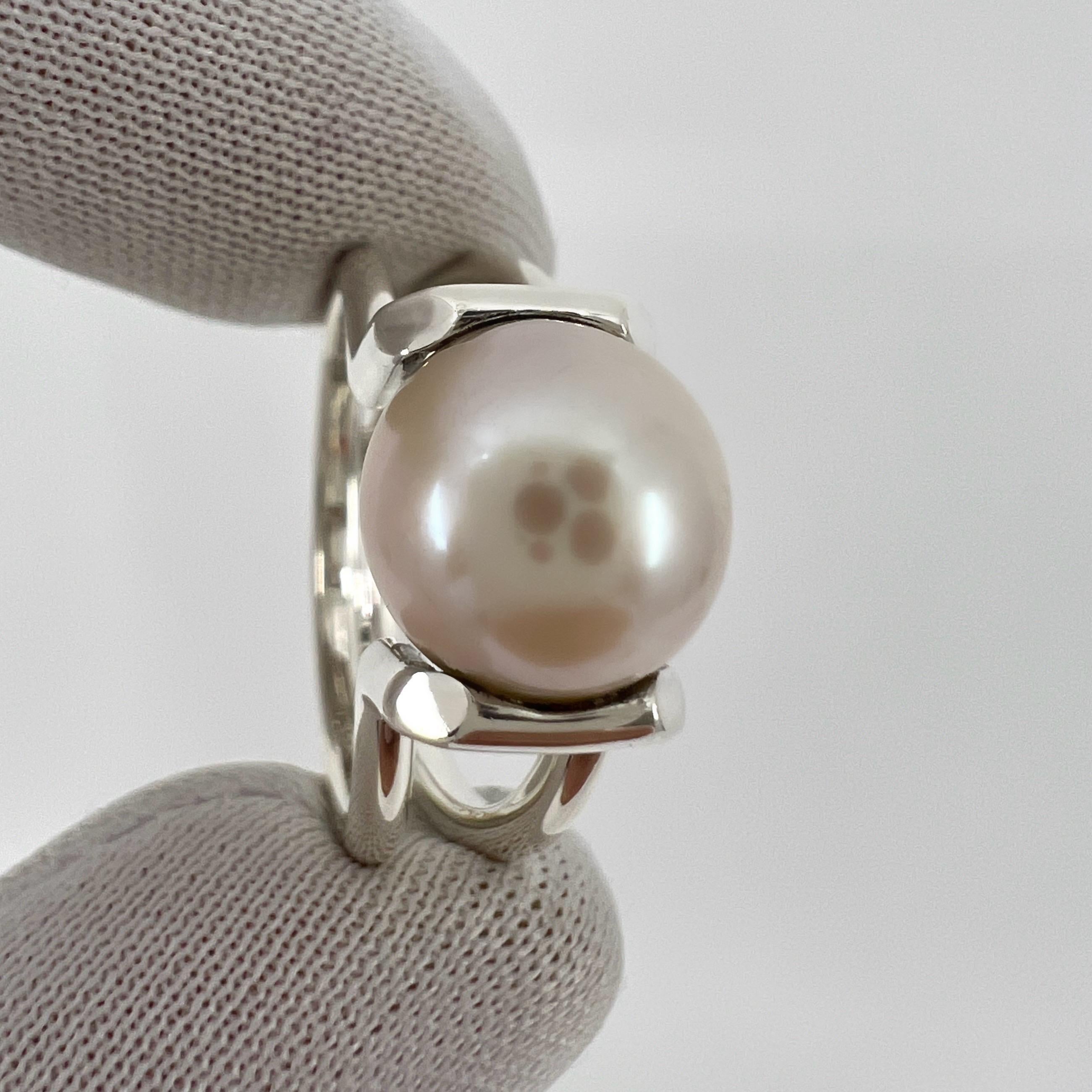 Round Cut Rare Vintage Tiffany & Co. Hardwear White Freshwater Pearl 9.4mm Silver Ring