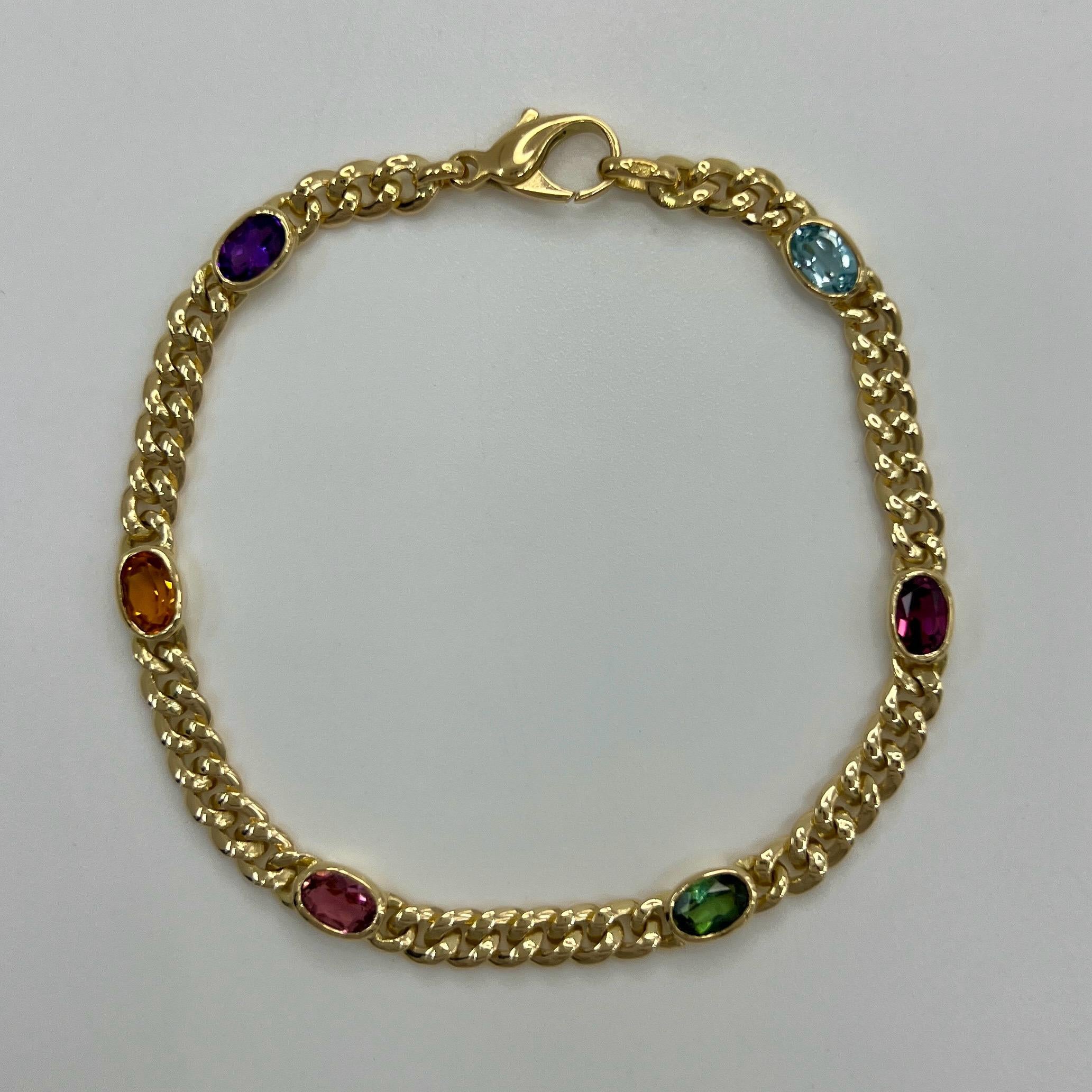 Oval Cut Rare Vintage Tiffany & Co Multi Colour Gemstone 18k Yellow Gold Curb Bracelet