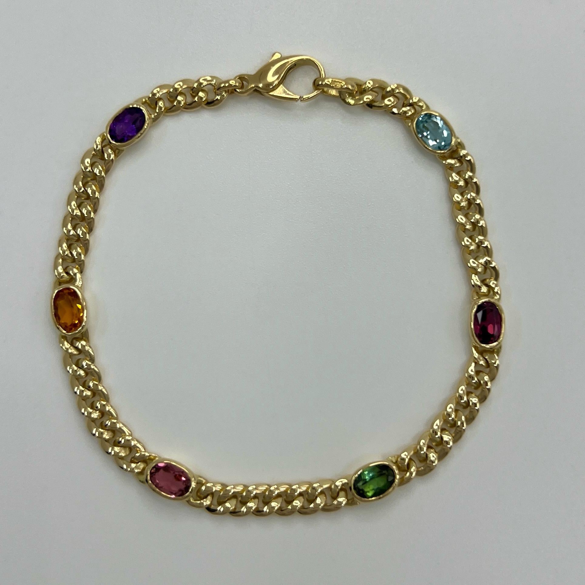 Women's or Men's Rare Vintage Tiffany & Co Multi Colour Gemstone 18k Yellow Gold Curb Bracelet
