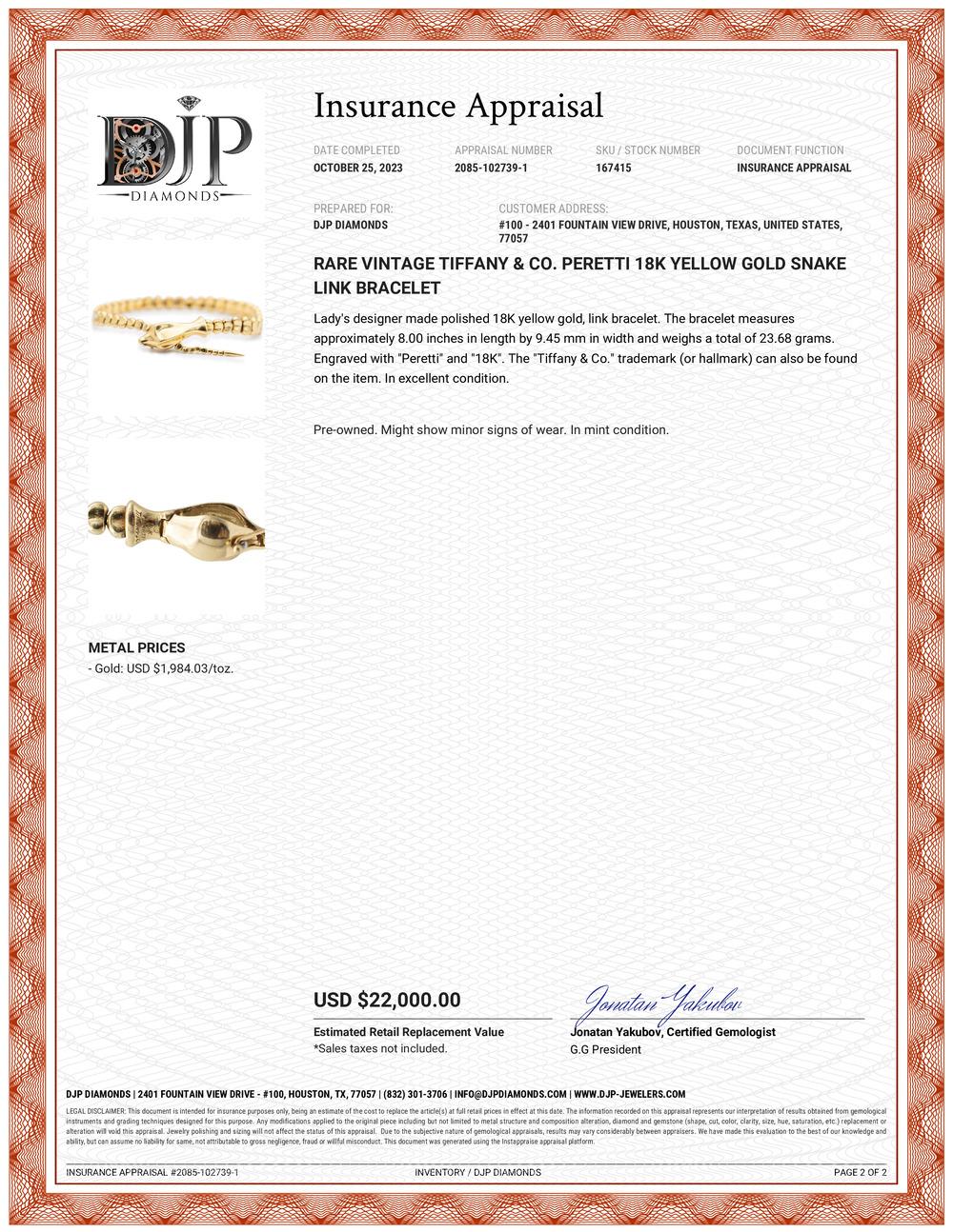 Rare Vintage Tiffany & Co. Peretti 18K Yellow Gold Snake Link Bracelet 4