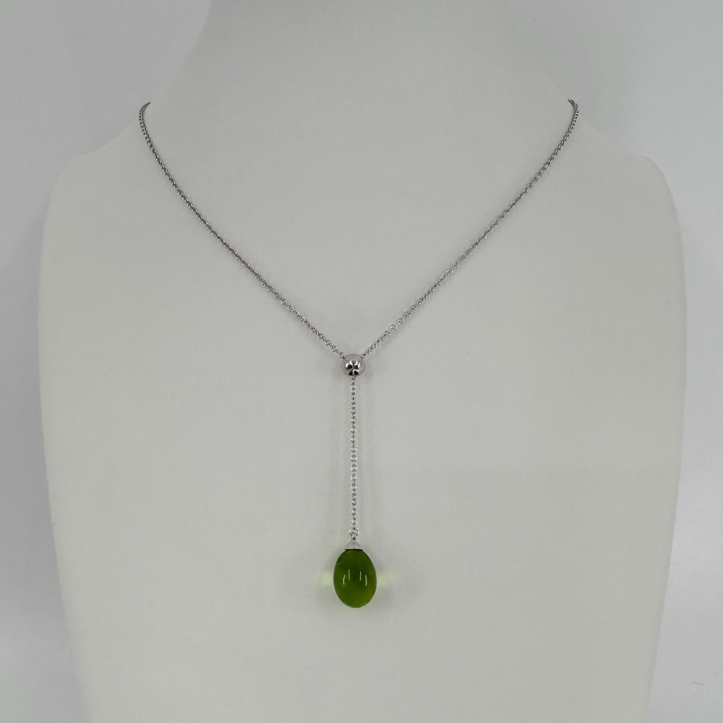 Cabochon Rare Vintage Tiffany & Co. Peridot 18k White Gold Teardrop Drop Pendant Necklace For Sale