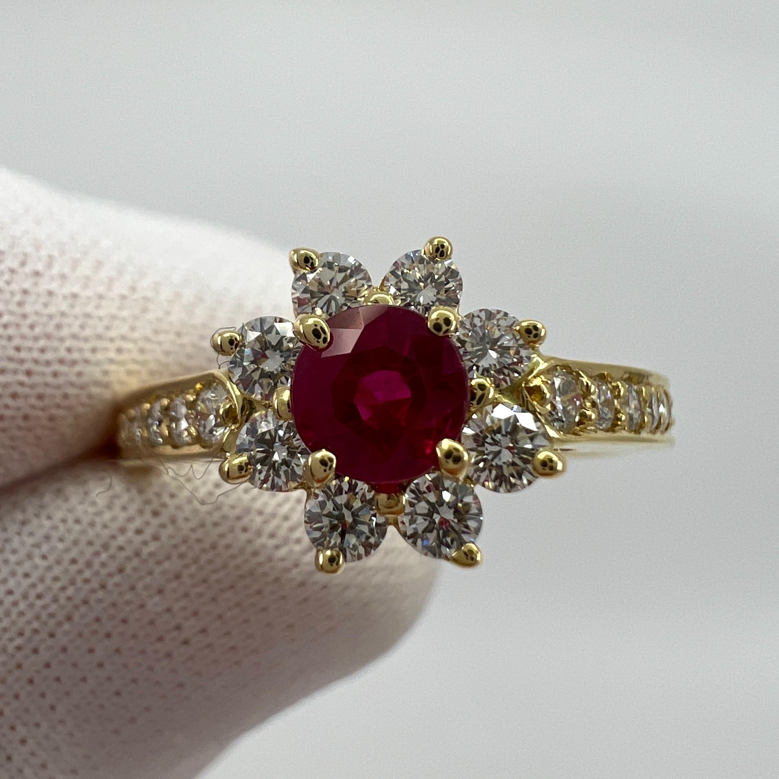 Round Cut Rare Vintage Tiffany & Co. Red Ruby Diamond Flower 18k Yellow Gold Cluster Ring For Sale