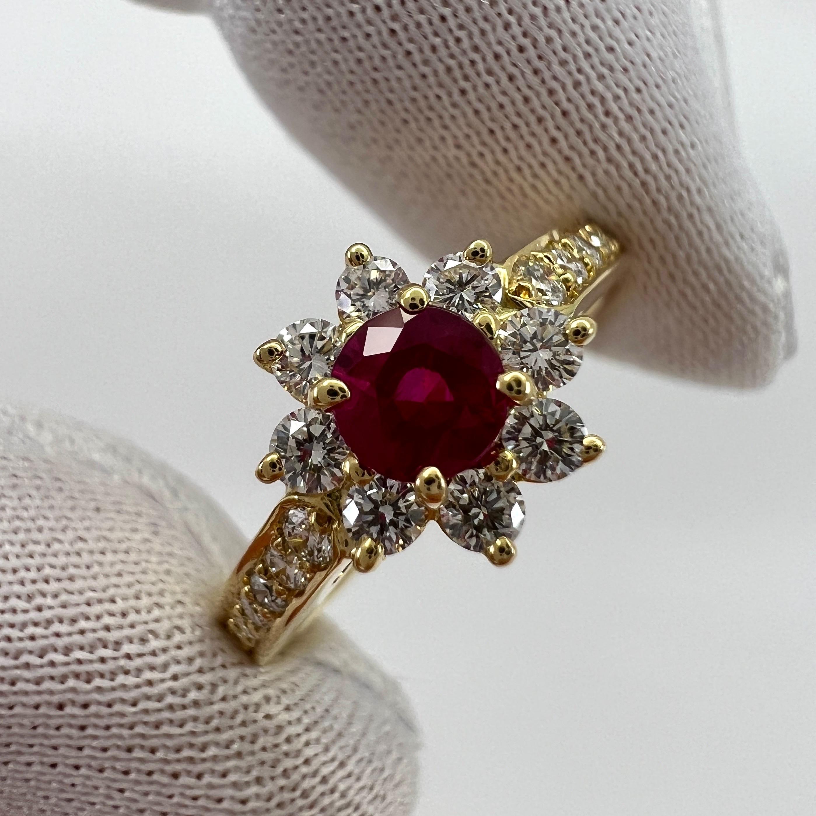 Rare Vintage Tiffany & Co. Red Ruby Diamond Flower 18k Yellow Gold Cluster Ring In Excellent Condition For Sale In Birmingham, GB