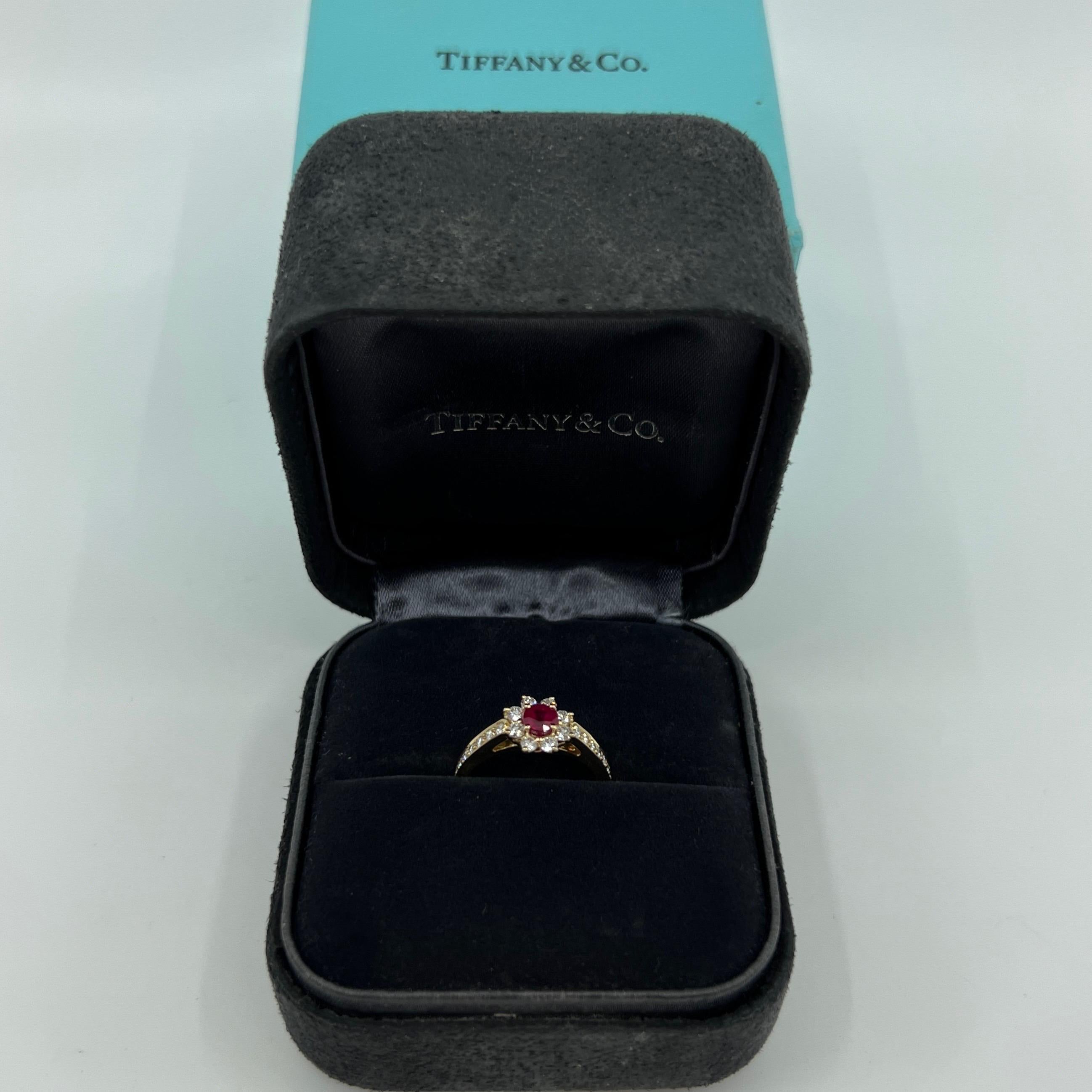 Rare Vintage Tiffany & Co. Red Ruby Diamond Flower 18k Yellow Gold Cluster Ring For Sale 4