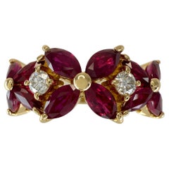 Rare Vintage Tiffany & Co. Ruby And Diamond 18k Yellow Gold Flower Victoria Ring