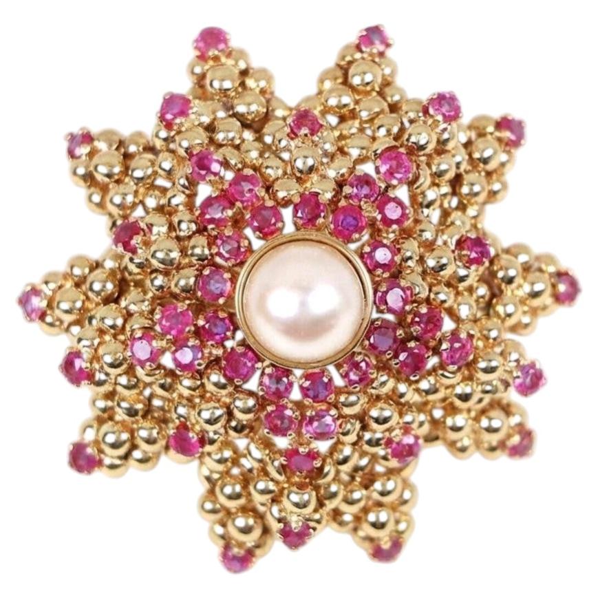 Tiffany & Co. Ruby Pearl Starfish Brooch 18K Yellow Gold For Sale