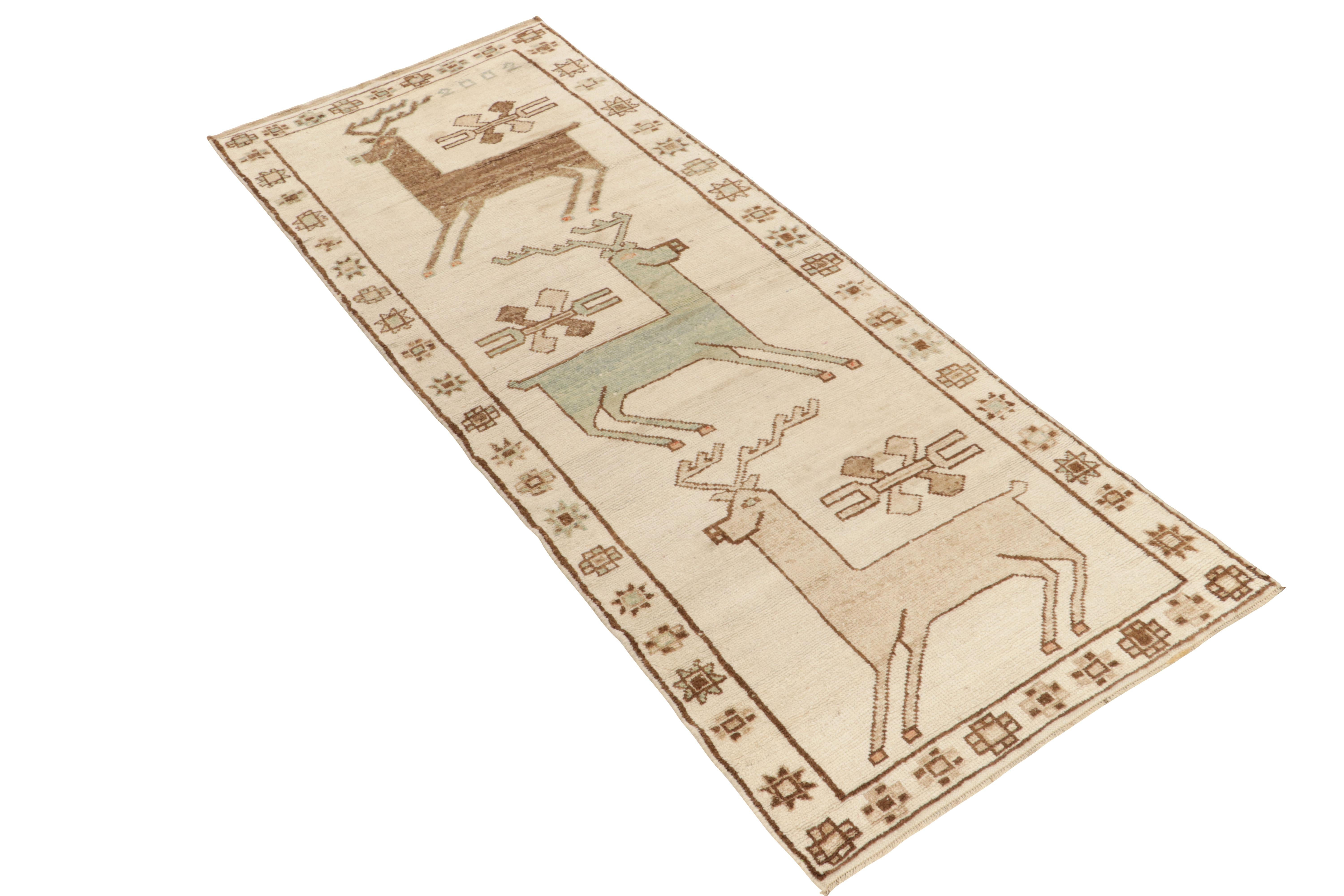 Turkish Rare Vintage Tribal Rug in Beige-Brown Deer Pictorials Patterns by Rug & Kilim For Sale
