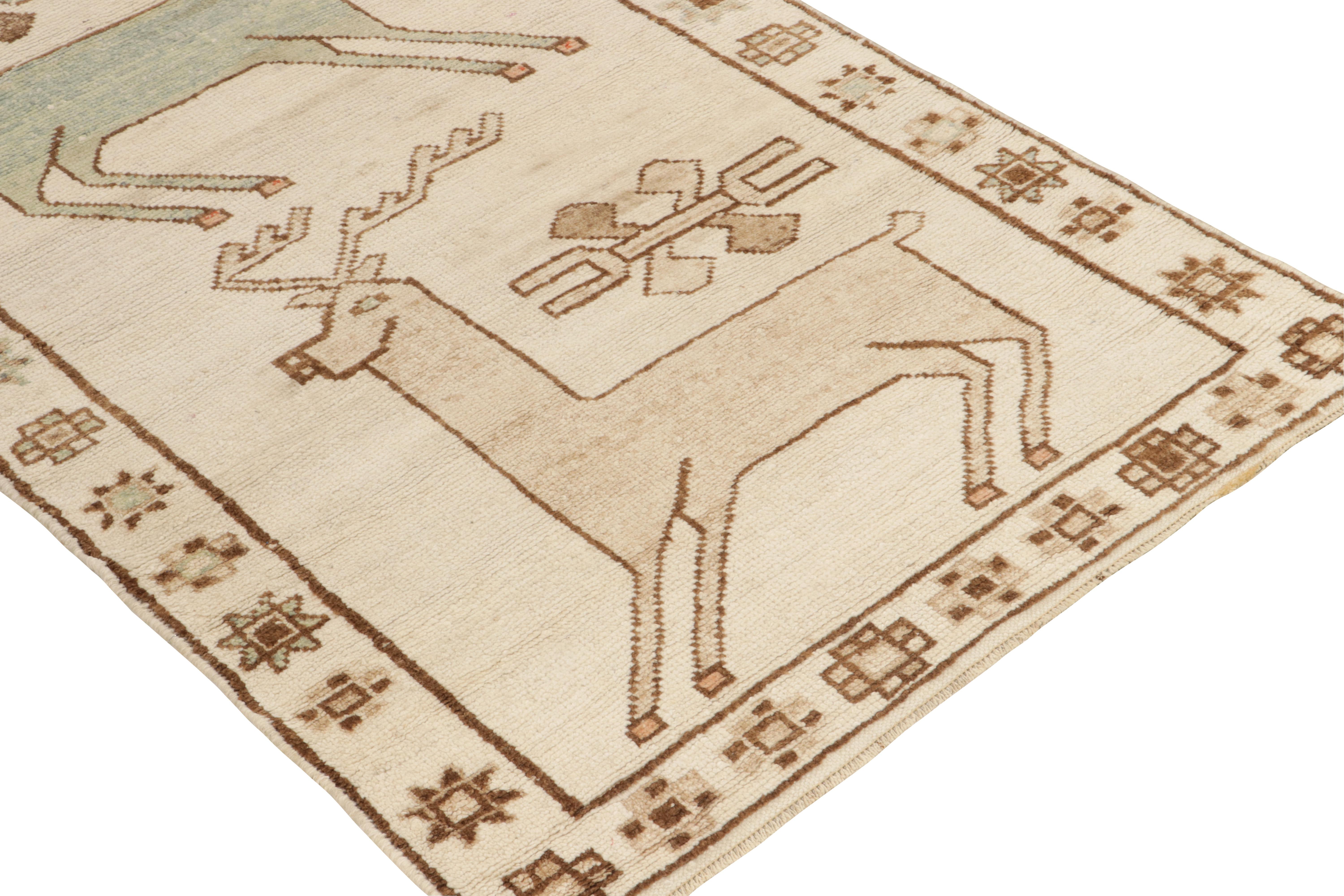 Hand-Knotted Rare Vintage Tribal Rug in Beige-Brown Deer Pictorials Patterns by Rug & Kilim For Sale