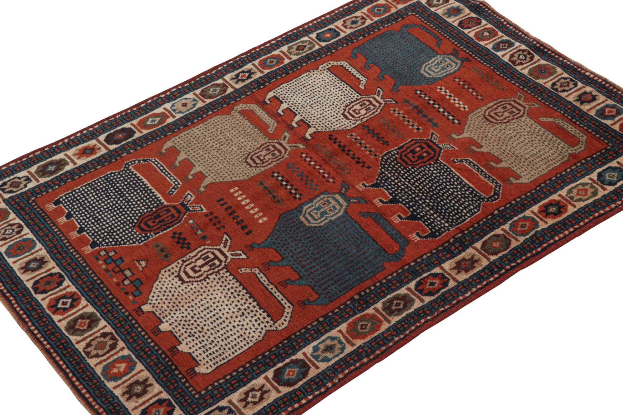 Turkish Rare Vintage Tribal Rug in Red with Beige and Blue Pictorials by Rug & Kilim For Sale