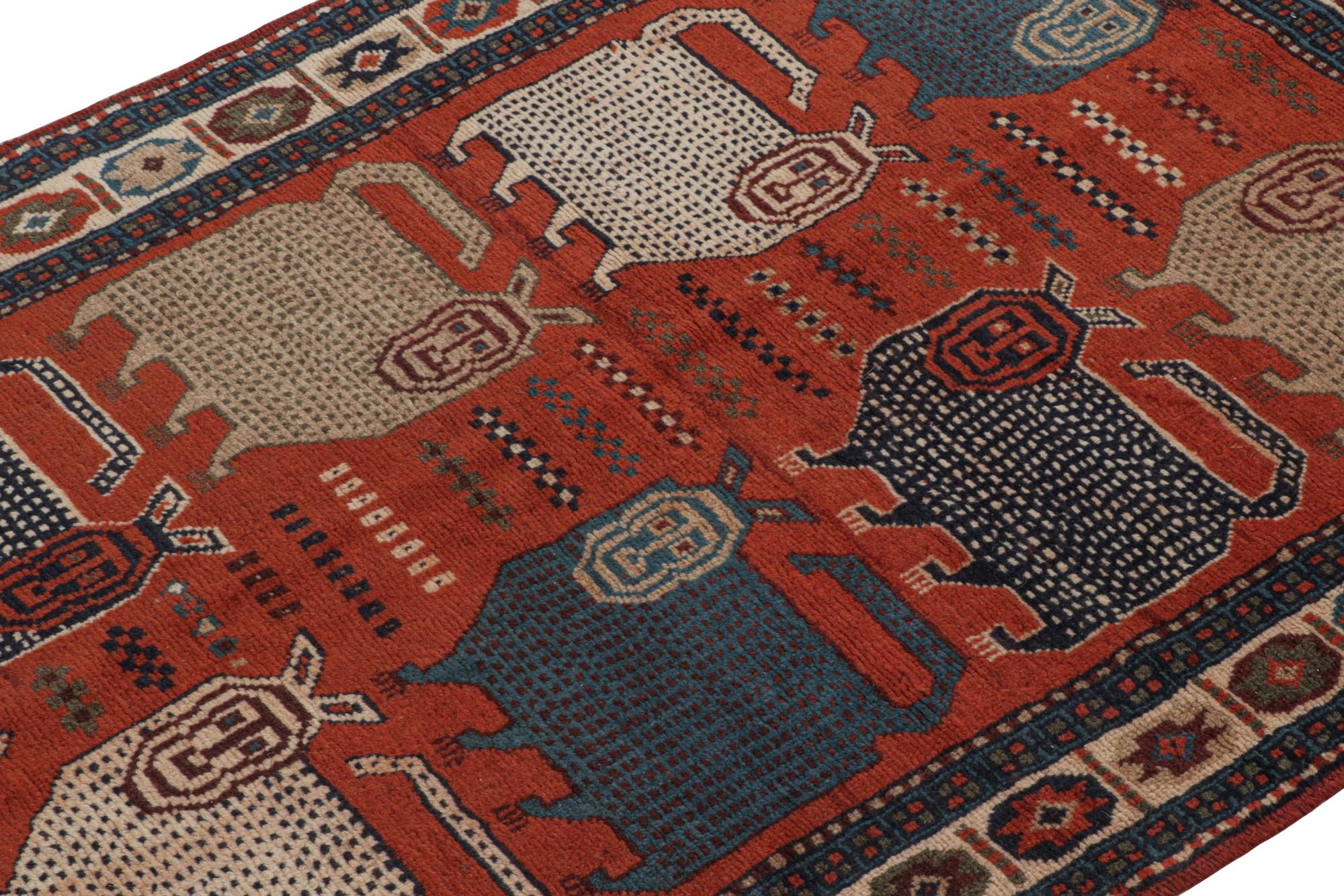 Hand-Knotted Rare Vintage Tribal Rug in Red with Beige and Blue Pictorials by Rug & Kilim For Sale