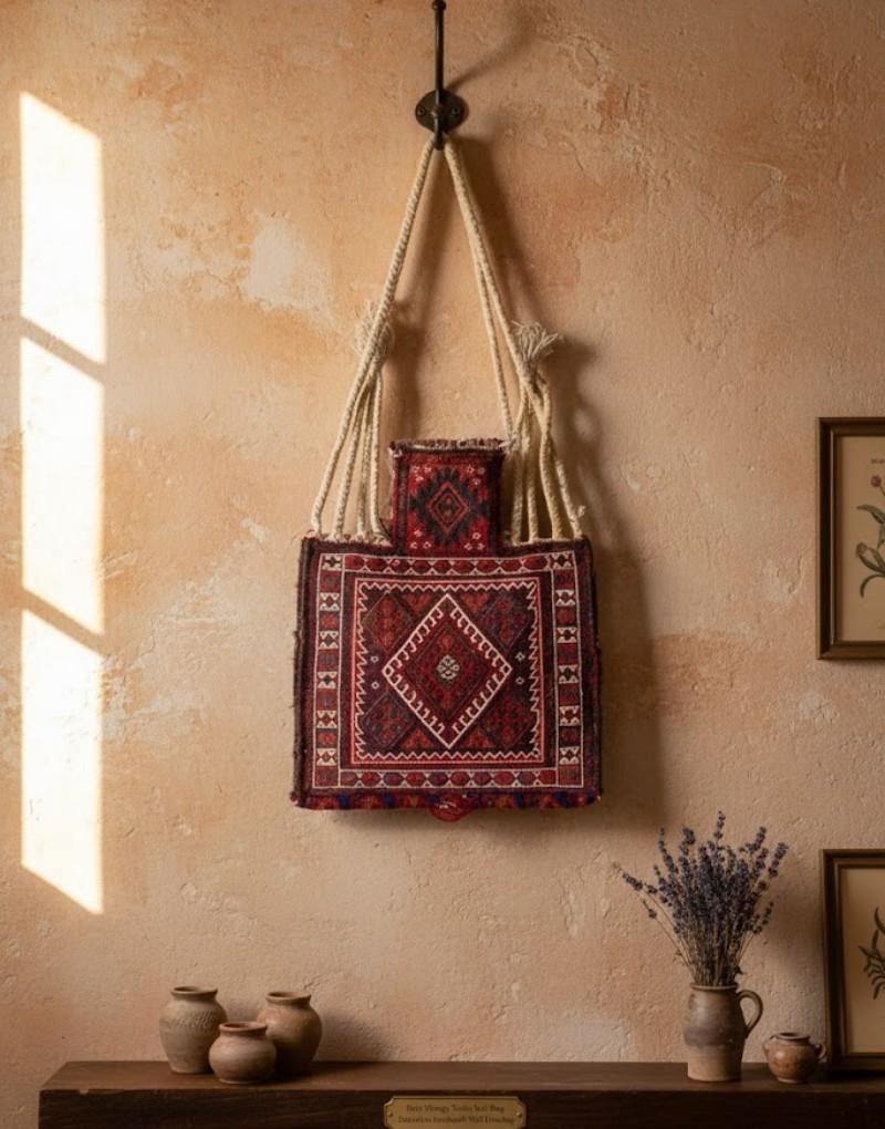 Rare sac à sel turc vintage. Suspension murale décorative faite à la main en rouge